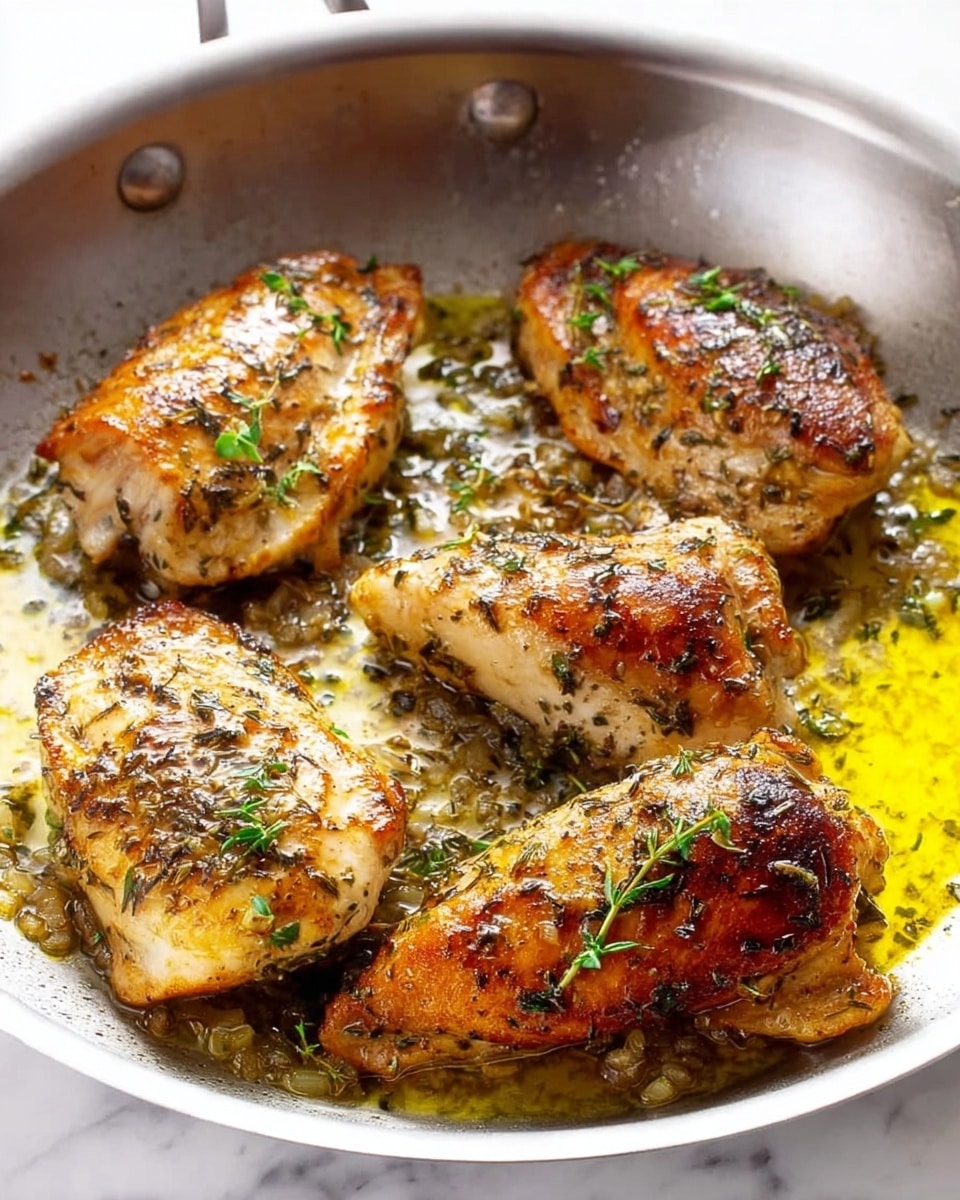 A close-up of a shiny silver pan with four golden brown cooked chicken pieces inside. The chicken pieces are gently browned with herbs and small bits of cooked onion scattered over and under them. The pan holds some yellow oil and juices mixed with small green herb leaves floating around. The background is a white marbled texture. photo taken with an iphone --ar 4:5 --v 7