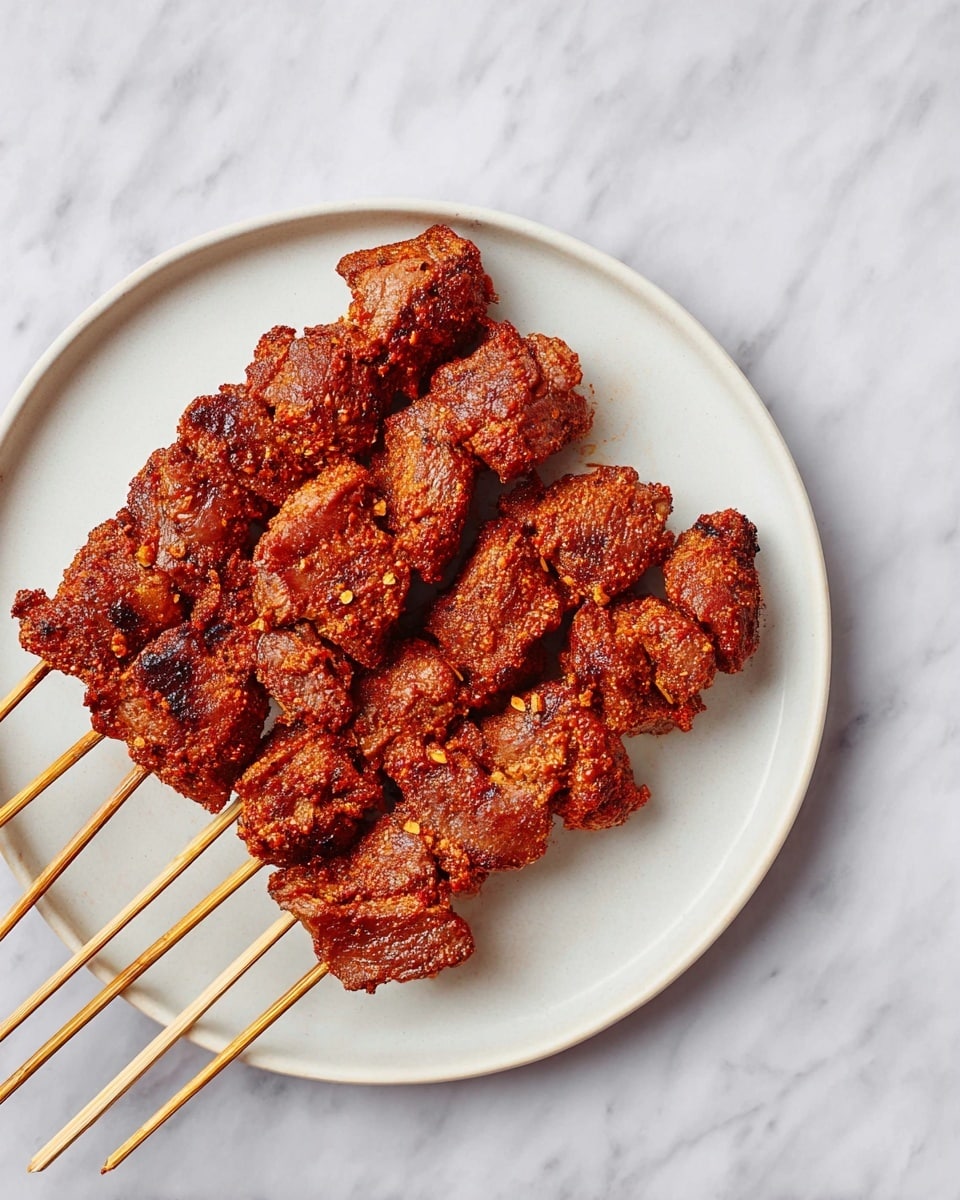 The image shows five wooden skewers laid out on a white plate, each with chunks of reddish-brown grilled meat packed closely together. The meat has a rough, spiced texture with visible small bits of seasoning, giving it a slightly crispy look on the edges. The plate rests on a white marbled surface, creating a clean and simple backdrop. Photo taken with an iphone --ar 4:5 --v 7
