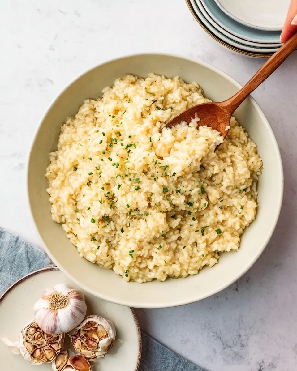 A large white bowl filled with creamy risotto, with a slightly lumpy texture and pale yellow color speckled with small green herb bits on top. A wooden spoon rests inside the bowl, partially covered with the risotto, and a woman's hand is holding the spoon. Next to the bowl, there is a white plate with two bulbs of roasted garlic, revealing soft, browned cloves. The background is a white marbled surface, and a stack of white plates with a blue-gray rim is nearby. Photo taken with an iphone --ar 4:5 --v 7