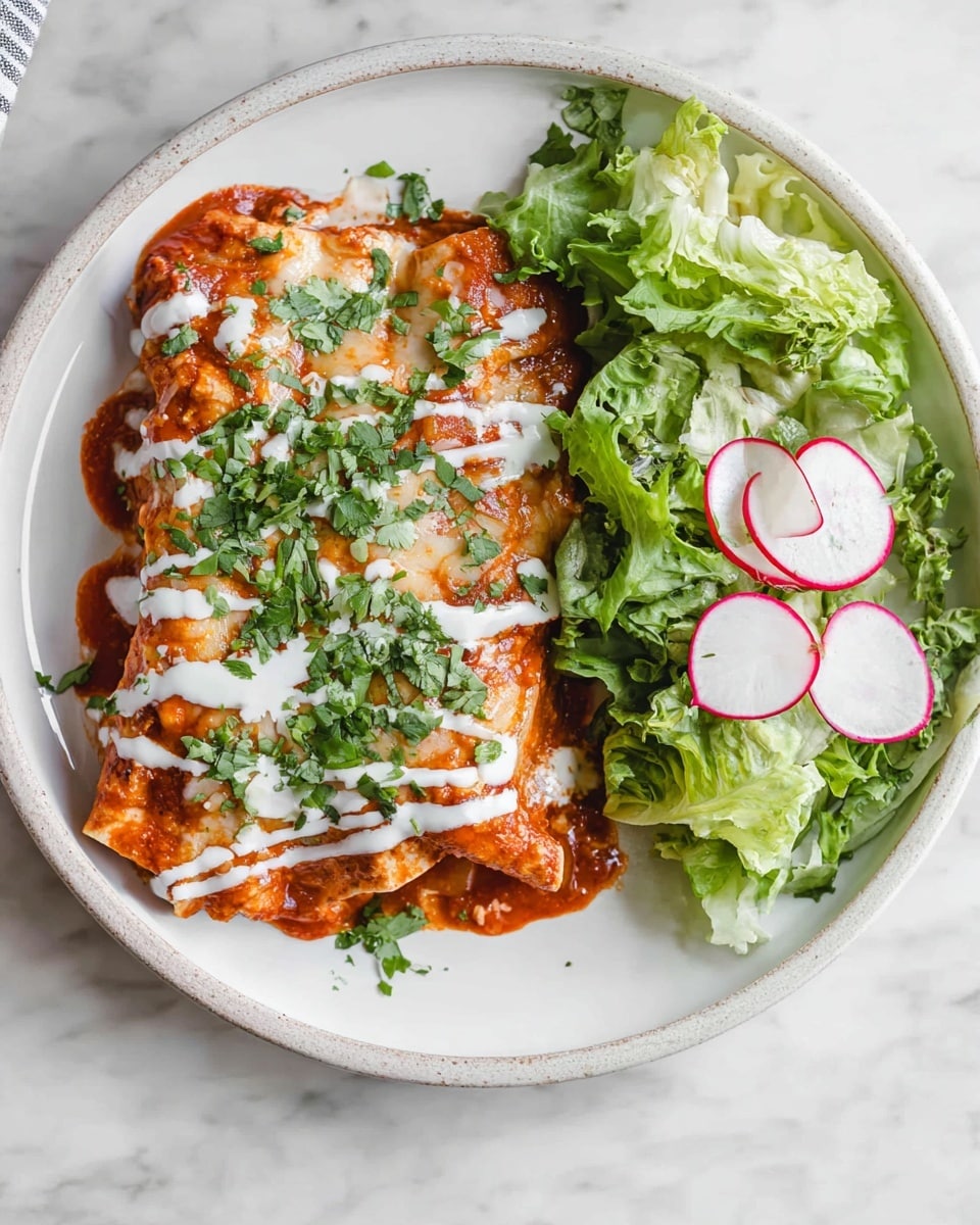 A white plate holds a serving of enchiladas covered with a rich red sauce, melted cheese peeking through, and drizzled with white creamy sauce. The enchiladas are topped with fresh, chopped green cilantro scattered across the surface. On one side of the plate, there is a fresh green salad made of leafy lettuce and thinly sliced radish with white centers and red edges. The plate sits on a white marbled surface, creating a clean and bright background. photo taken with an iphone --ar 4:5 --v 7