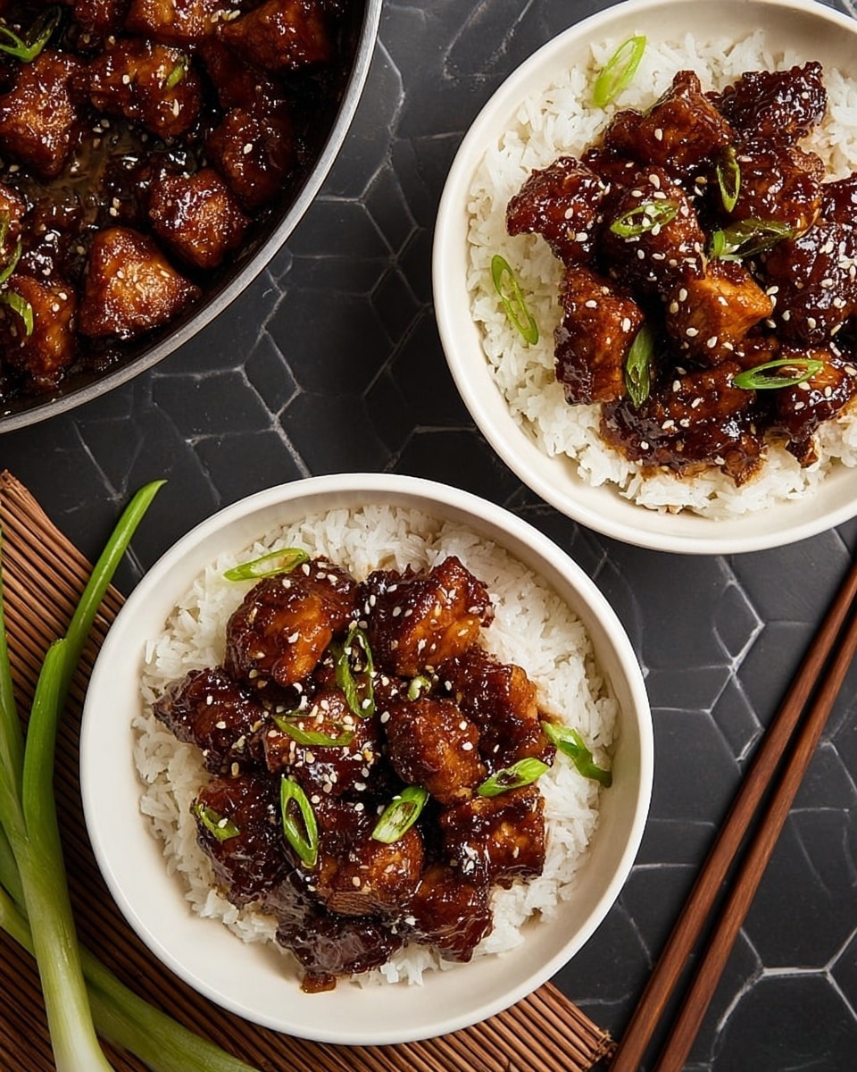 Two white bowls are filled with a base layer of plain white rice topped with chunks of glazed dark brown chicken pieces that look sticky and shiny. The chicken is garnished with small slices of green onions and sprinkled with sesame seeds. The bowls rest on a dark surface with a hexagonal pattern, next to a pair of brown chopsticks on a bamboo mat and a green onion laying on the side. A portion of the same chicken is visible in a silver pan at the top left corner. photo taken with an iphone --ar 4:5 --v 7