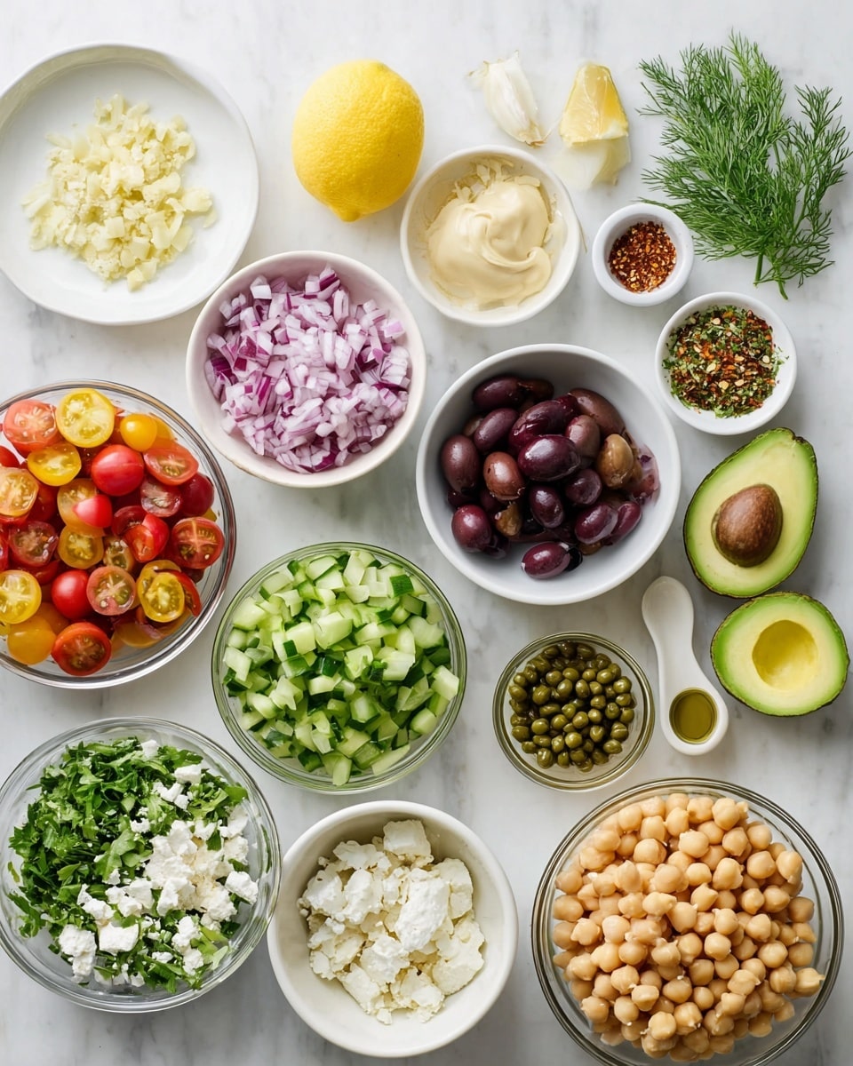 The image shows several small white bowls and plates arranged on a white marbled texture background, each filled with different fresh ingredients. There is a white plate with finely minced garlic on the upper left side and next to it is a halved lemon with bright yellow skin. A white bowl filled with chopped red onions sits near the top center, while a small white dish beside it holds a mix of green herbs and red spices. A small white saucer contains a creamy mustard sauce, and a round bowl holds green capers with a slightly wrinkled texture. Next to that, a white bowl with shiny dark purple olives is placed near the center. Two halves of a ripe avocado with green creamy flesh and a seed in one half rest near the bottom middle. Bright green chopped scallions fill a glass bowl in the middle, and to the right are white bowls with crumbly white cheese and fresh green dill and parsley. Cherry tomatoes, sliced in halves, fill a white bowl on the left bottom corner, while chopped cucumbers fill another white bowl at the bottom. Lastly, a large glass bowl filled with round, light beige chickpeas occupies the bottom right. Near the top right, a small white jug of golden olive oil and a white bowl with pale amber liquid complete the ingredients. Photo taken with an iphone --ar 4:5 --v 7