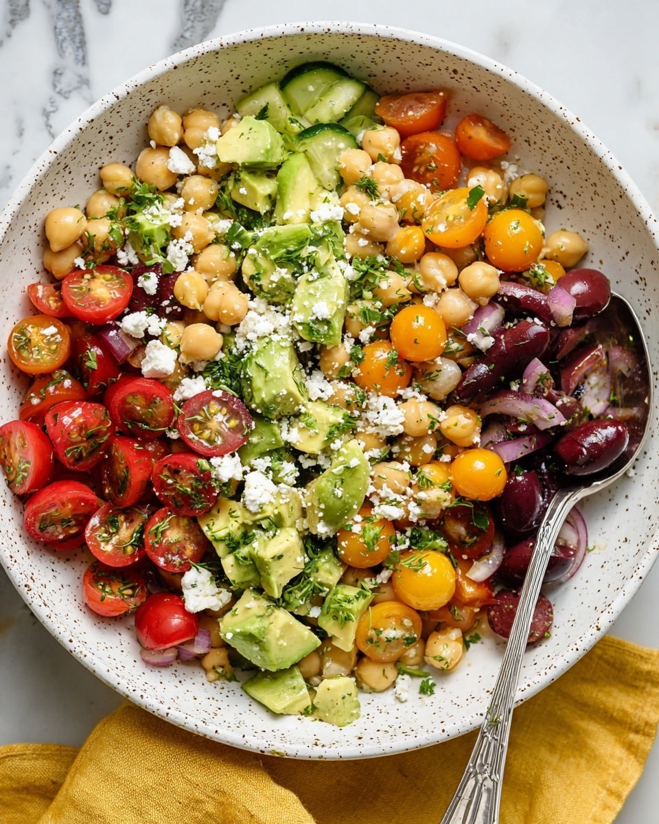 The dish is a colorful salad in a large white bowl with a speckled pattern. The base layer consists of light beige chickpeas spread evenly. On top, there are sliced cherry tomatoes in red and orange shades, placed in multiple clusters. Green avocado slices with soft textures are arranged on different sides of the bowl. Dark purple Kalamata olives are scattered around, some halved. Small pieces of green cucumber and chopped green herbs add extra color and freshness. Crumbled white cheese is sprinkled over everything, and a silver spoon rests inside the bowl. The scene is set on a white marbled surface with a yellow cloth partially visible at the bottom. photo taken with an iphone --ar 4:5 --v 7
