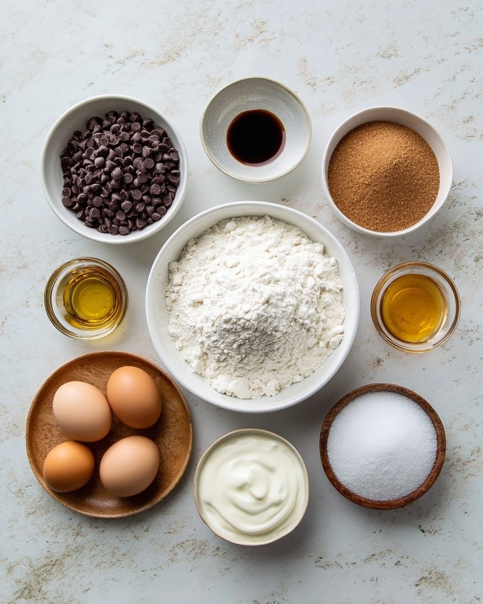 The image shows a top view of several bowls and plates arranged on a white marbled surface. There is one large white bowl filled with white flour in the center. Surrounding it, clockwise from the top left, there is a white bowl full of small dark brown chocolate chips, a small white bowl with dark brown vanilla extract, a white bowl filled with white granulated sugar, a white bowl containing light brown sugar, a small clear glass cup with a golden liquid, a white bowl with thick white cream, a small wooden bowl with white baking powder, a small wooden bowl with white salt, and a small light-colored wooden plate holding three light brown eggs. All containers are evenly spaced and neatly arranged. Photo taken with an iphone --ar 4:5 --v 7