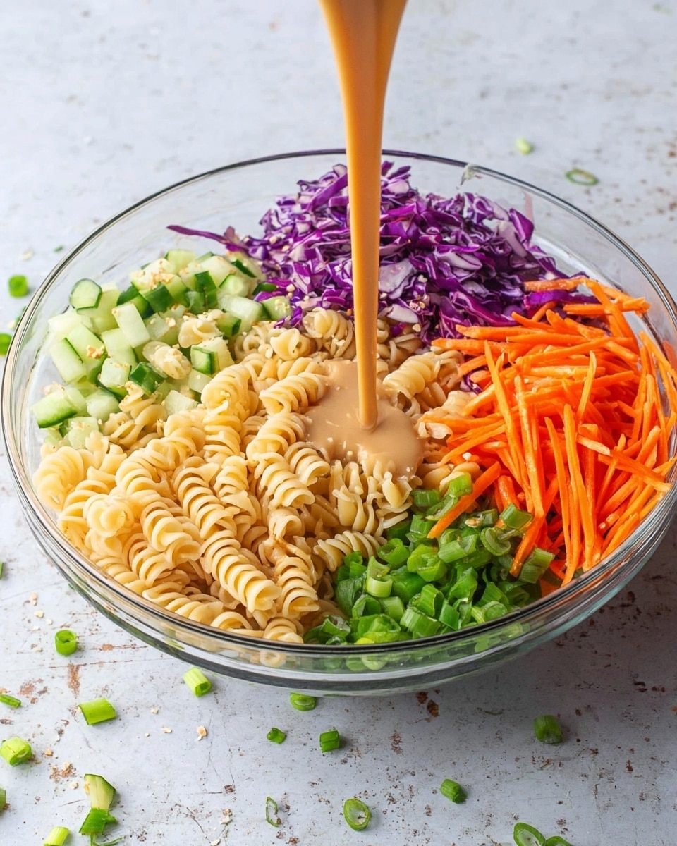 A clear glass bowl filled with four distinct layers: a bottom layer of light beige spiral pasta, a top left layer of bright purple shredded cabbage, a top middle layer of small diced light green cucumber, a top right layer of thin, long orange carrot sticks, and a top far right layer of chopped green onions. A smooth, light brown dressing is being poured in the center, flowing over the pasta and vegetables. The bowl sits on a white marbled textured surface, with a few pea-sized chopped green onions and thin carrot sticks scattered around. Photo taken with an iphone --ar 4:5 --v 7