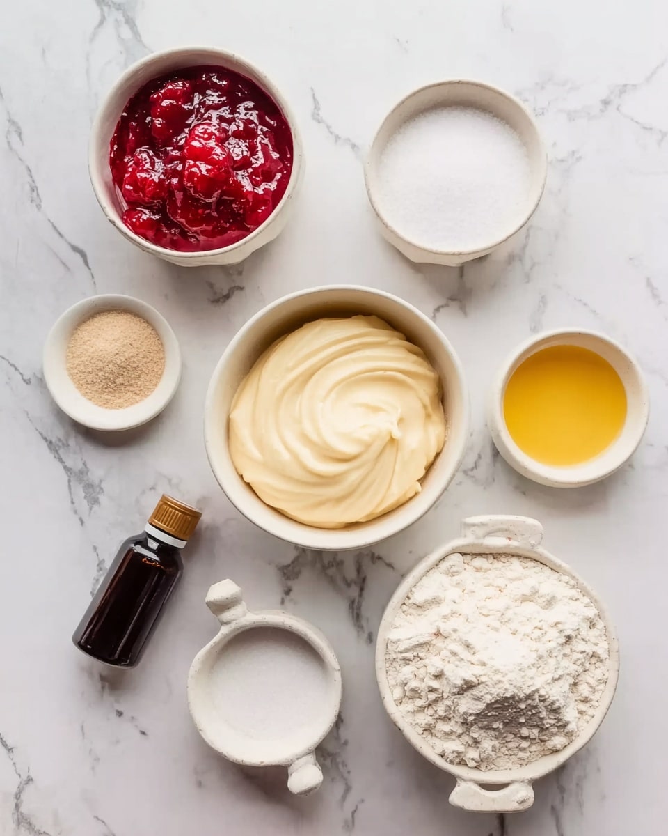 The image shows several white bowls and a small bottle arranged on a white marbled surface. In the center is a white bowl filled with a creamy, smooth, pale yellow substance. Above it to the left, a white bowl holds a bright red, chunky sauce or jam. To the right, a white bowl contains fine white sugar. Below the red sauce, a small white bowl has a golden yellow liquid. In the middle bottom, a smaller white bowl holds a pinch of white salt. To the left of the salt is a dark brown bottle with a dropper top. At the bottom right, a white bowl with handles is full of a light beige flour. In the top left corner, a small amount of light brown powder sits directly on the white marble. The setup is neat and well spaced, everything clearly visible. photo taken with an iphone --ar 4:5 --v 7