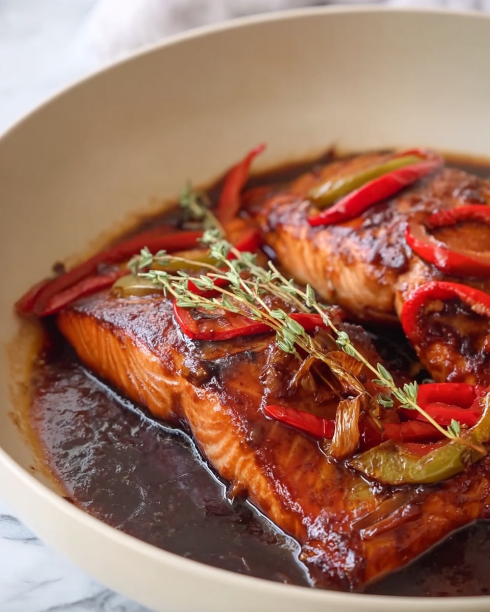 The image shows two large pieces of cooked salmon in a white round dish. The salmon has a reddish-orange color with a shiny dark brown sauce covering the top, giving a glazed look. Thin slices of red and green peppers are placed around and under the salmon, adding brightness to the dish. There is also a sprig of green thyme laid across the salmon on top. The sauce pools around the fish, showing a thick and sticky texture. The dish is set on a white marbled surface. Photo taken with an iphone --ar 4:5 --v 7