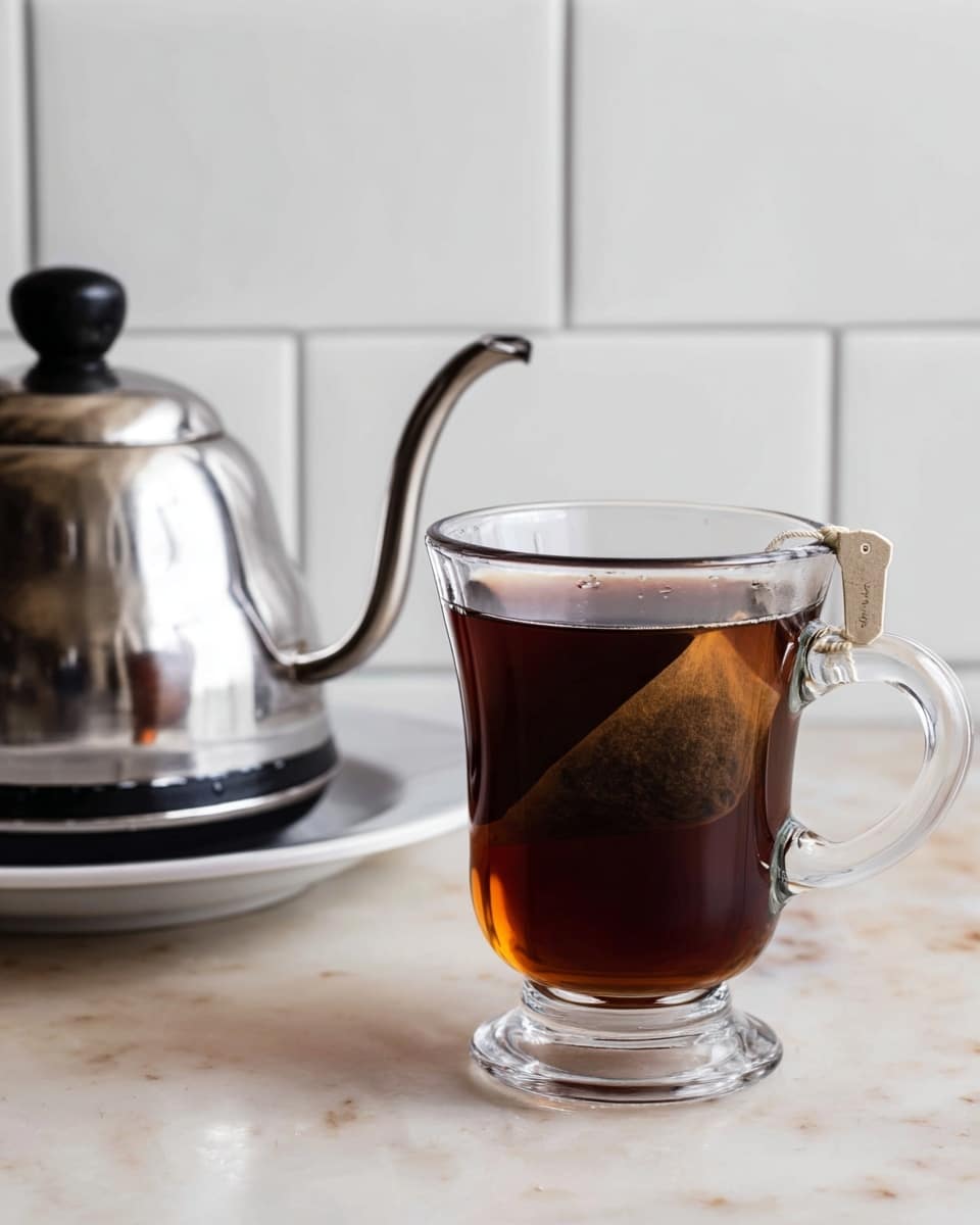 A clear glass cup with a handle is filled about three-quarters with dark brown tea, and a floating tea bag with a beige tag is visible near the top. To the left on a white marbled surface, there is a shiny silver metal kettle with a curved spout and a handle with a black grip, sitting on a white saucer. The background is a white tiled wall, creating a simple and clean scene. photo taken with an iphone --ar 4:5 --v 7