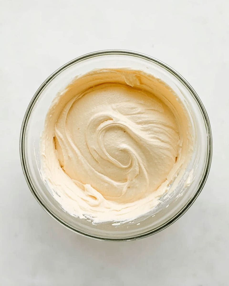 A clear glass bowl filled with smooth, creamy light beige batter swirled gently on top, placed on a white marbled surface with no other items visible. The batter has a soft, airy texture with visible light folds and peaks. Photo taken with an iphone --ar 4:5 --v 7