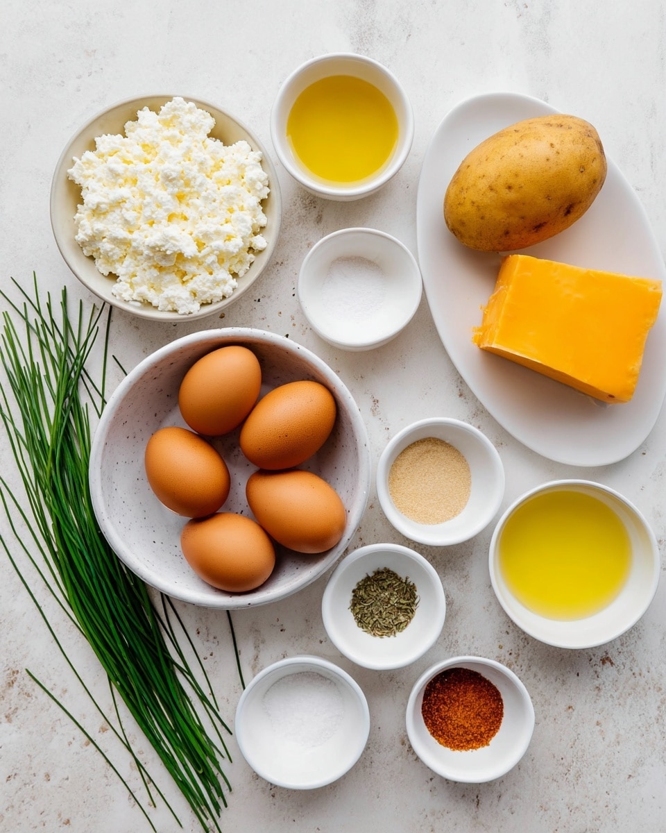 The image shows several ingredients arranged on a white marbled surface for a recipe. In the center, there is a bowl holding six brown eggs with a smooth texture. Surrounding it are multiple small white bowls containing different items: one has cottage cheese that is white and grainy, another has a half block of bright orange cheddar cheese, a small bowl filled with yellow liquid oil, one with a clear pale liquid, and two bowls containing fine white salt and ground black pepper, and spices in reddish-brown and light beige colors. A medium-sized yellow potato sits above the eggs. On an oval white plate to the left, there are fresh green chives, long and thin. The arrangement is neat with clear, contrasting colors on a bright background. Photo taken with an iphone --ar 4:5 --v 7