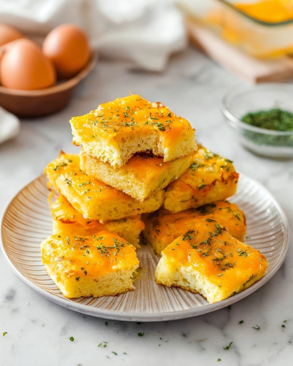 A stack of seven golden squares sits on a round white plate with ridged edges, each square topped with melted orange cheese sprinkled with small green herbs. The top square has a bite taken from it, revealing a soft, light yellow inside with a slightly crumbly texture. The plate is on a white marbled surface, and in the background, there are two brown eggs, a bowl with a white ingredient, and a clear glass container with more squares of the dish. Small bits of green herbs are scattered around the plate. Photo taken with an iphone --ar 4:5 --v 7