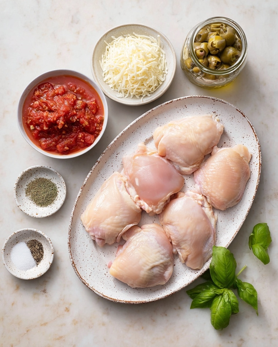 The image shows six pieces of raw chicken thighs with smooth pale pink skin arranged on a white oval plate with brown speckles, placed on a white marbled surface. Above the plate, there is a white bowl filled with chunky red tomato sauce, a glass jar containing green artichoke hearts in oil, and another white bowl holding shredded white cheese. To the left, a small white speckled dish holds four separate piles of seasonings: black pepper, dried green herbs, white salt, and light beige powder. A small bunch of fresh green basil leaves sits near the plate on the right side. photo taken with an iphone --ar 4:5 --v 7