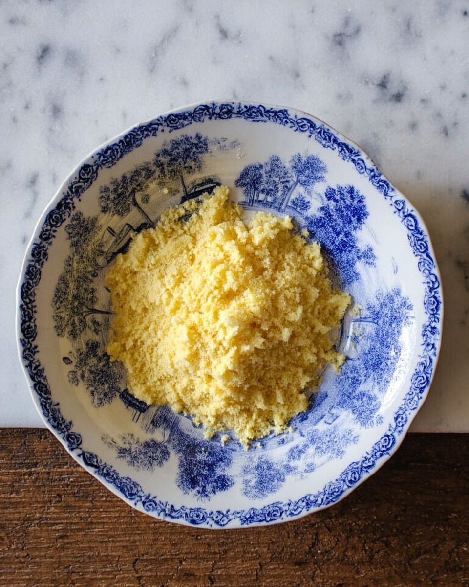 A single layer of yellow, crumbly textured dish with a soft, slightly shiny look is placed in the center of a white plate with blue patterns showing nature scenes; the plate itself is on a white marbled surface. photo taken with an iphone --ar 4:5 --v 7