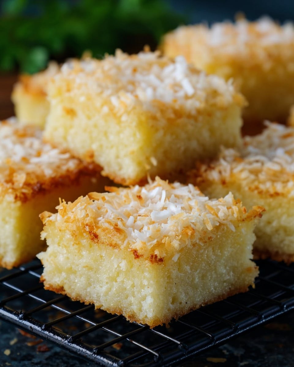 The image shows several square bars with two layers: a bottom layer of soft, light yellow cake-like texture and a top layer of shredded coconut that is toasted to a light golden brown. The bars sit on a black wire rack, and a blurred green garnish is visible in the background. The top layer looks slightly crispy while the bottom layer is soft and dense. photo taken with an iphone --ar 4:5 --v 7