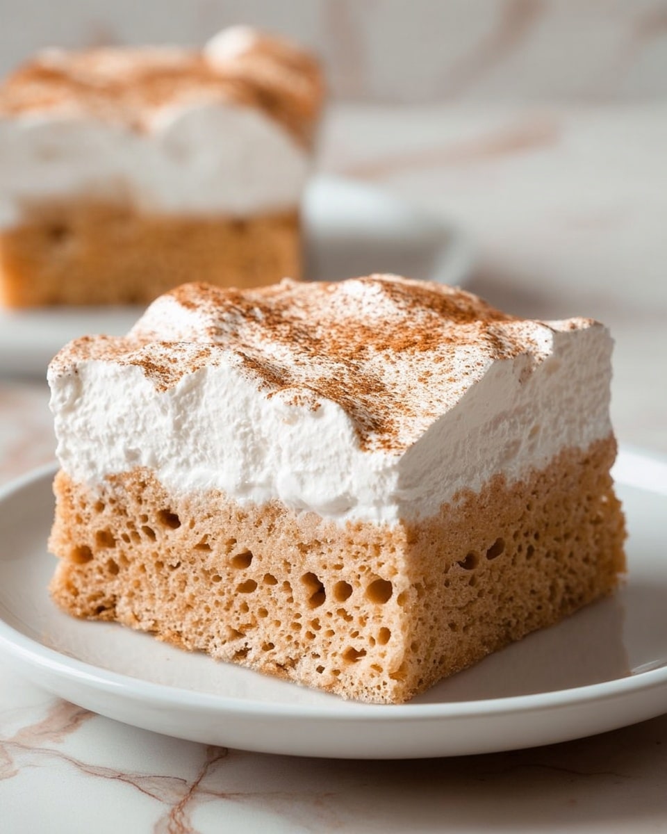 The image shows a square piece of dessert with two layers on a white plate. The bottom layer is thick, spongy, and light brown with small holes and a moist texture. On top, there is a thick, smooth white cream layer that looks soft and fluffy. The cream is dusted with a fine layer of light brown powder, likely cinnamon, adding a slightly rough texture. In the background, there is another piece of the same dessert slightly out of focus sitting on a white plate. The surface below the plate is a white marbled texture. photo taken with an iphone --ar 4:5 --v 7