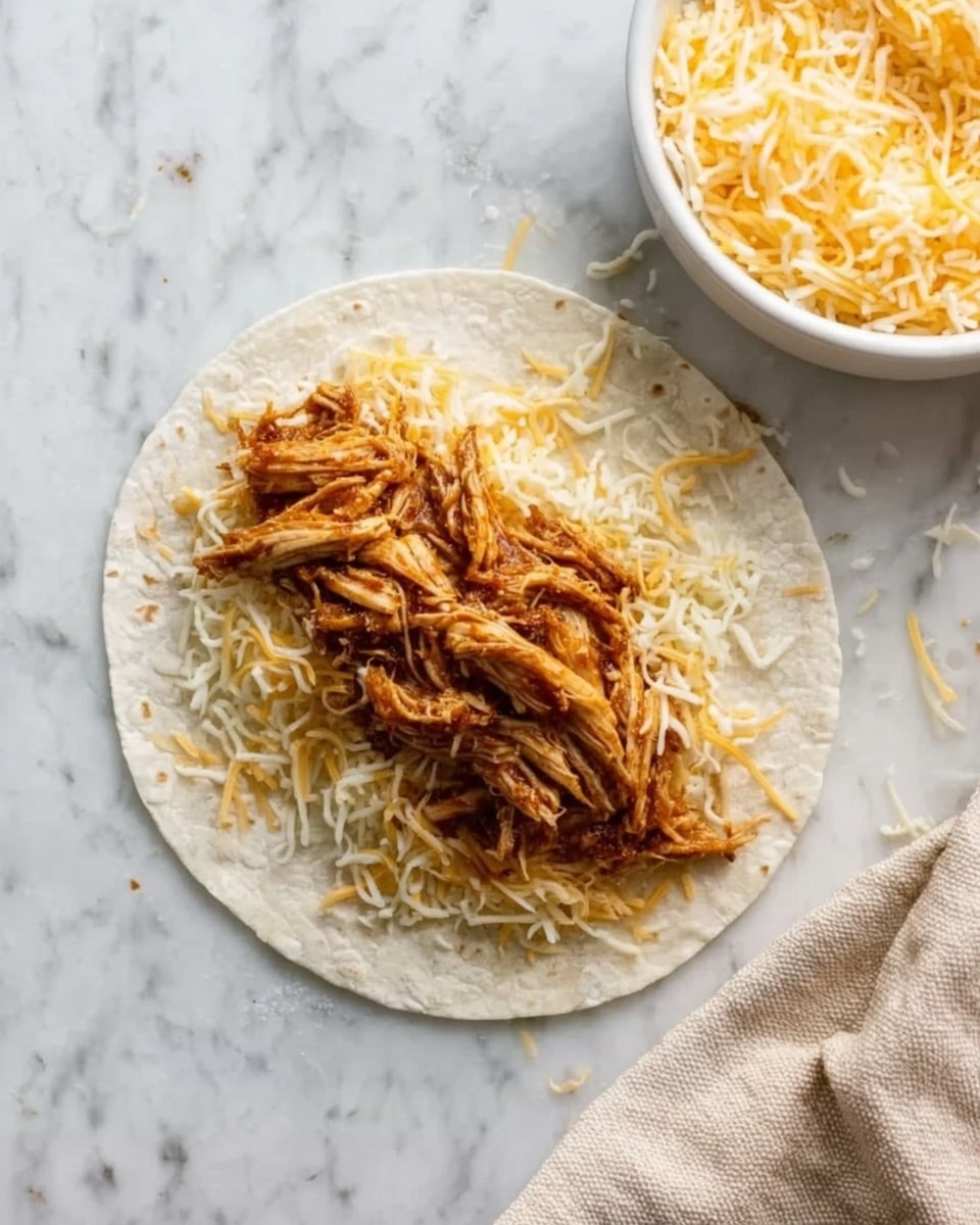 A white tortilla is placed flat on a white marbled surface, with a layer of shredded cheese spread on the lower half. On top of the cheese, there is a mound of shredded, cooked meat, colored a rich brown with some darker edges, adding texture and depth. In the upper right corner of the image, there is a white bowl filled with more shredded cheese, and in the lower right corner, a beige cloth is partially visible. The photo taken with an iphone --ar 4:5 --v 7
