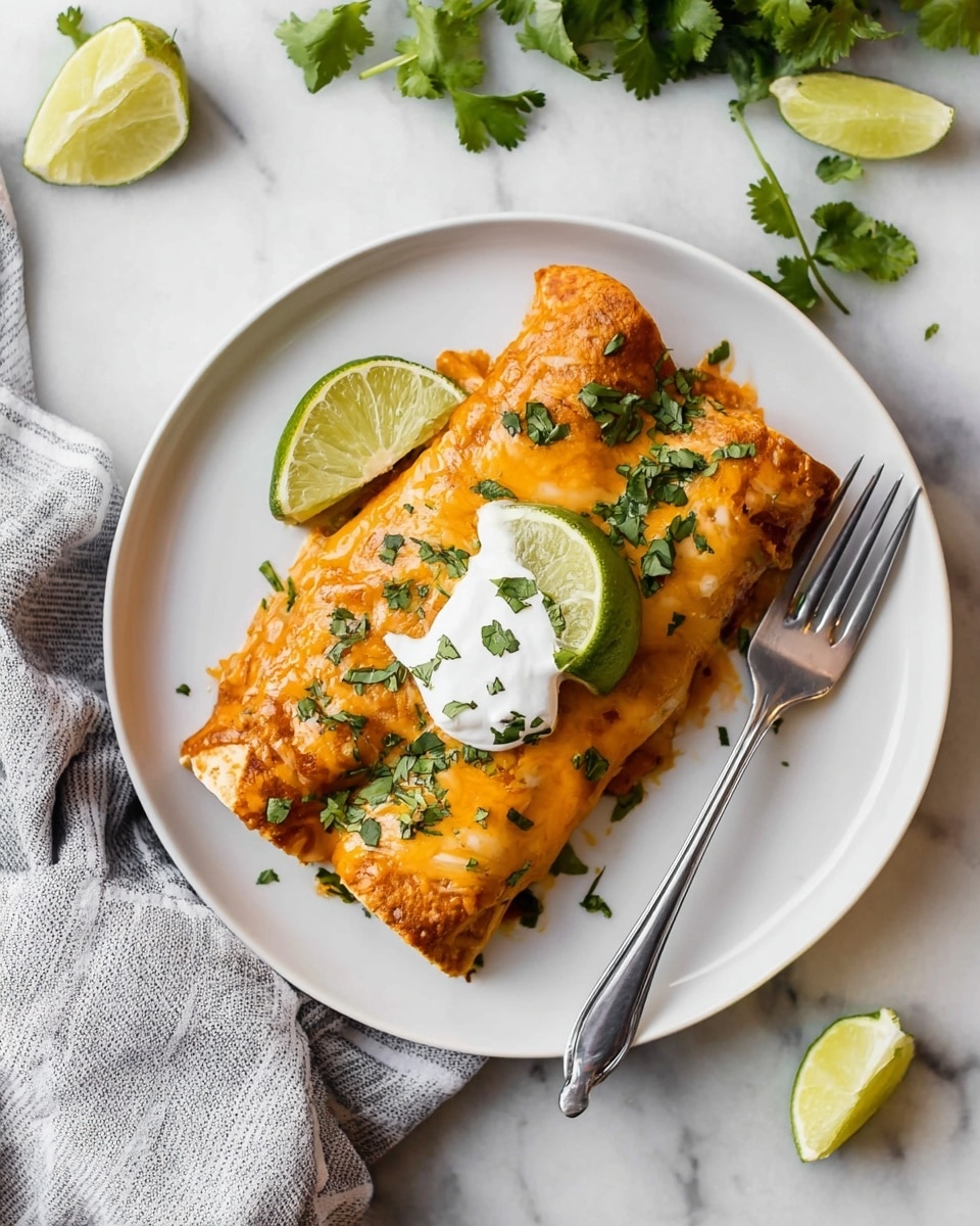 The dish shows two rolled enchiladas placed side by side on a white round plate, covered with melted orange cheese and a sauce giving a moist texture, sprinkled with chopped green cilantro. On top of the enchiladas is a dollop of white sour cream and a half slice of green lime resting on it. A silver fork is placed on the right side of the plate. The plate sits on a white marbled surface scattered with lime wedges and fresh cilantro leaves around. A gray and white striped cloth is partly visible at the bottom edge of the image. Photo taken with an iphone --ar 4:5 --v 7