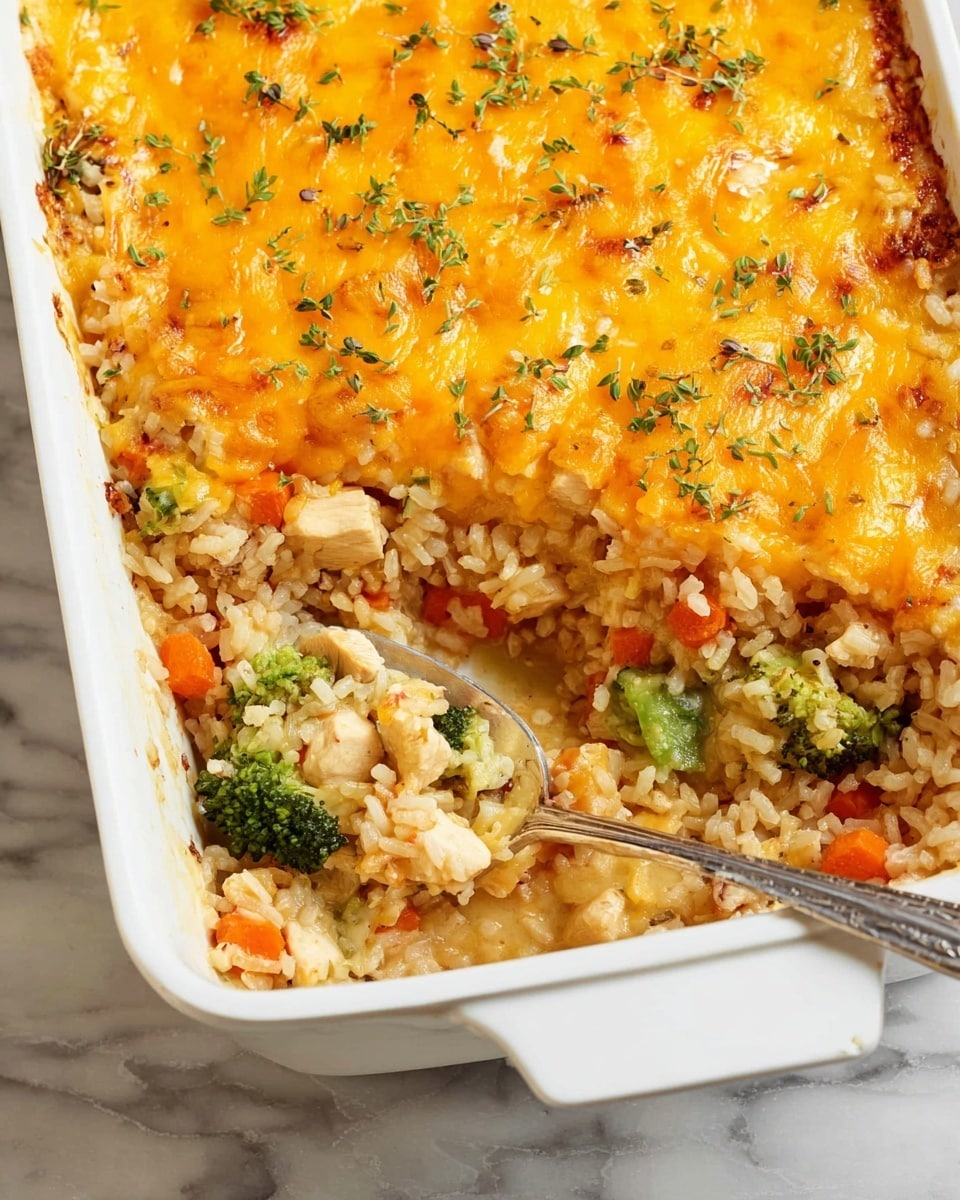 A white rectangular casserole dish holds a layered baked dish with three visible layers. The bottom layer is a mix of light brown rice, small cubes of light beige chicken, diced orange carrots, and green broccoli pieces, giving a colorful mix in texture and color. Above this is a thick, even layer of melted orange cheese with golden browned spots and sprinkled small green herbs for decoration. A silver spoon rests inside the dish, scooping out part of the rice and chicken mix, showing the inside layers clearly. The dish sits on a white marbled surface. photo taken with an iphone --ar 4:5 --v 7