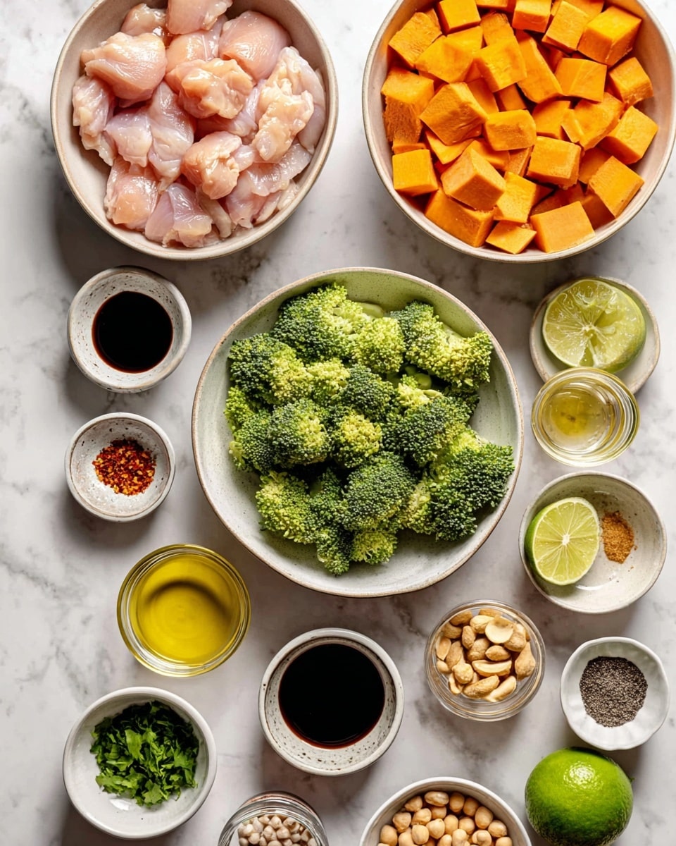 A top-down view of several white bowls and small dishes arranged on a white marbled surface, each containing different raw ingredients: one bowl holds raw chicken pieces with a light pink color, another bowl is full of bright green broccoli florets, and a third bowl is filled with evenly diced orange sweet potatoes. Around these larger bowls are smaller white dishes with various liquids and spices including a dark soy sauce, a yellow ginger paste, a light yellow oil, a clear liquid, and chili flakes. There are also small bowls with dry ingredients like black pepper, salt, chopped green herbs, shelled peanuts, and chickpeas in a small open can, along with a fresh lime. The colors vary from pale pink, bright green, and orange to dark brown and muted yellows, all laid out clearly and neatly on the white marbled surface. photo taken with an iphone --ar 4:5 --v 7