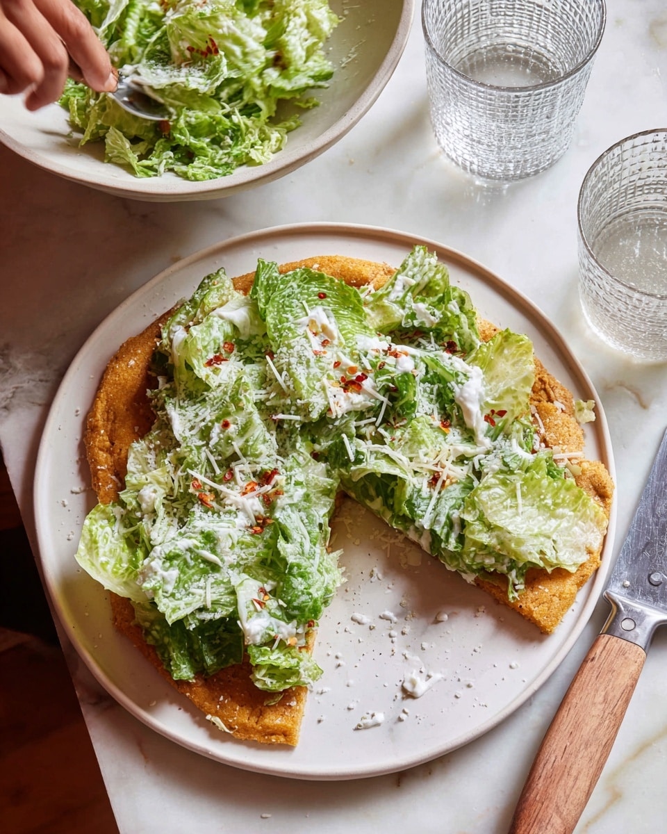 A white plate on a white marbled surface holds a round golden-brown crust with a slice cut out. On top of the crust is a thick layer of green leafy romaine lettuce, coated with white creamy dressing and sprinkled with shredded white cheese and small red chili flakes. To the left, a woman's hand is tossing more lettuce in a white bowl. On the top right part of the image, there is a clear textured glass with water. A silver pizza cutter with a light wooden handle lies partially under the plate. photo taken with an iphone --ar 4:5 --v 7