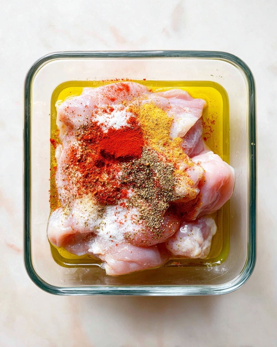 The image shows a clear glass square dish filled with raw pale pink chicken thighs layered at the bottom. On top of the chicken, there are scattered spices in distinct clumps: bright red paprika, coarse black pepper, white salt, and a soft yellow powder. The spices create a colorful contrast on the light pink chicken, with some areas sprinkled more heavily than others. The chicken sits in a shallow layer of golden oil that glistens under soft light. The dish is placed on a white marbled surface, adding a clean and simple background. Photo taken with an iphone --ar 4:5 --v 7