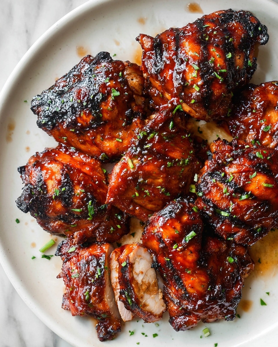 The image shows a white plate with several pieces of grilled chicken thighs covered in a shiny, dark reddish-brown glaze with charred edges. Some pieces are whole, while others are sliced to show the white inside meat. The chicken pieces are garnished with small green herb bits scattered on top and around them. The plate sits on a white marbled surface. photo taken with an iphone --ar 4:5 --v 7