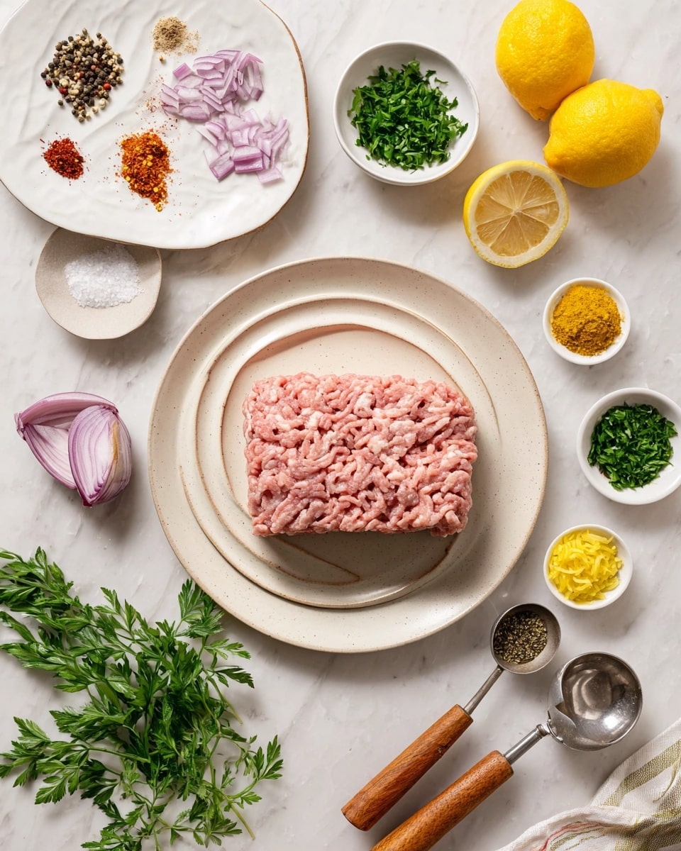 A white plate with beige crescent shapes at the center holds a rectangular block of light pink ground meat, surrounded by small white bowls with chopped green herbs, finely chopped purple onions, and yellow lemon zest. A white plate with small piles of different spices including red, black, and white is placed in the upper left, while three lemon halves and sprigs of green herbs are scattered on a white marbled surface around the plates. Two wooden-handled measuring spoons sit at the bottom right of the image. Photo taken with an iphone --ar 4:5 --v 7