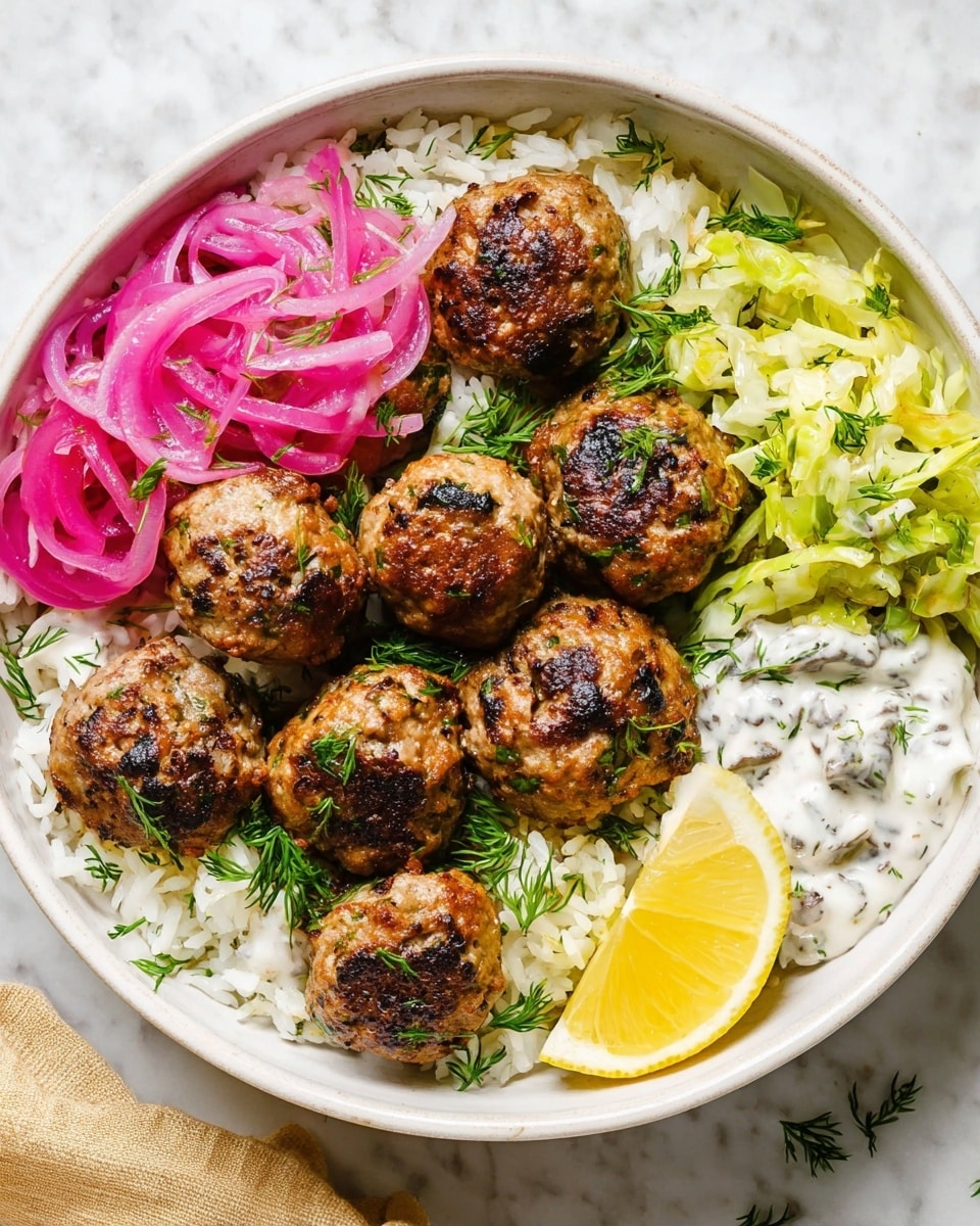 A white bowl filled with a base layer of white rice, topped with eight browned meatballs scattered across the bowl. On one side, there is a small mound of thinly sliced red onions, while on the opposite side, there is a section of chopped green cabbage mixed with herbs. Near the top right, a creamy white sauce with herbs holds a bright yellow lemon wedge resting on it. Fresh green herbs are sprinkled around the bowl adding a fresh touch. The bowl sits on a white marbled surface. Photo taken with an iphone --ar 4:5 --v 7