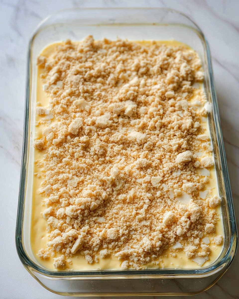 A clear glass baking dish holds two visible layers. The bottom layer is smooth and creamy with a pale yellow color, covering the whole dish evenly. On top, there is a crumbly, coarse layer with light beige crumbs spread all over. The dish is placed on a white marbled surface, with soft natural light highlighting the textures. photo taken with an iphone --ar 4:5 --v 7