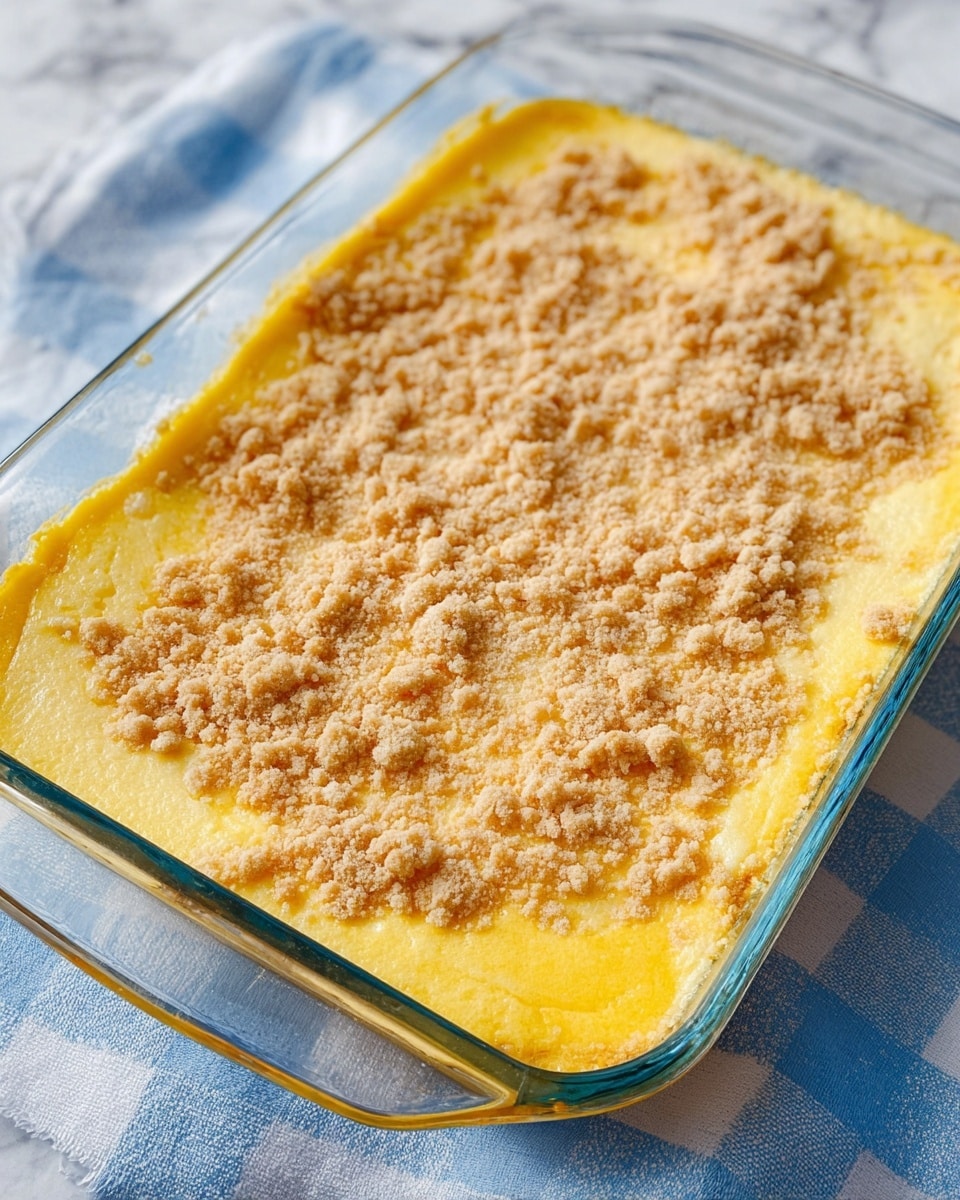 The image shows a clear glass baking dish filled with a baked dessert that has two main layers. The bottom layer is smooth, creamy, and bright yellow with a slightly puffed texture around the edges. The top layer is a light, crumbly topping, pale beige in color, scattered unevenly across the yellow base. The dish is placed on a soft blue and white checkered cloth over a white marbled surface. The overall look is warm and inviting, highlighting the soft yellow underneath the crumbly topping. Photo taken with an iphone --ar 4:5 --v 7