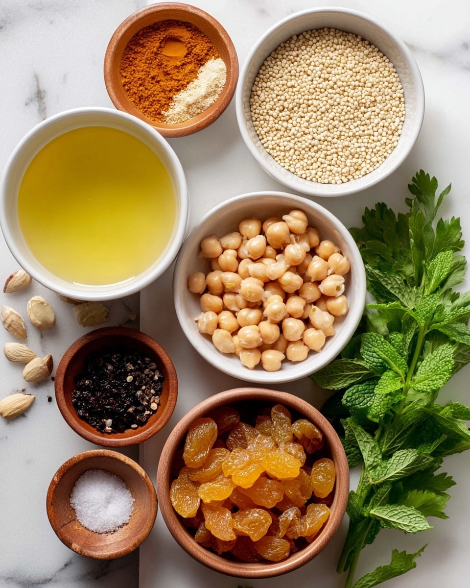A top view of several small white bowls arranged on a white marbled surface, each filled with different ingredients: one with light yellow liquid (broth), one with white quinoa seeds, one with sliced almonds, one with golden raisins, and one with chickpeas. There are also two small wooden bowls with ground spices one orange-brown and one black pepper and a small wooden bowl with white salt. Fresh green leaves of cilantro and mint are placed on the right side of the frame. The colors are soft and natural, highlighting the textures of the seeds, nuts, and liquids. photo taken with an iphone --ar 4:5 --v 7