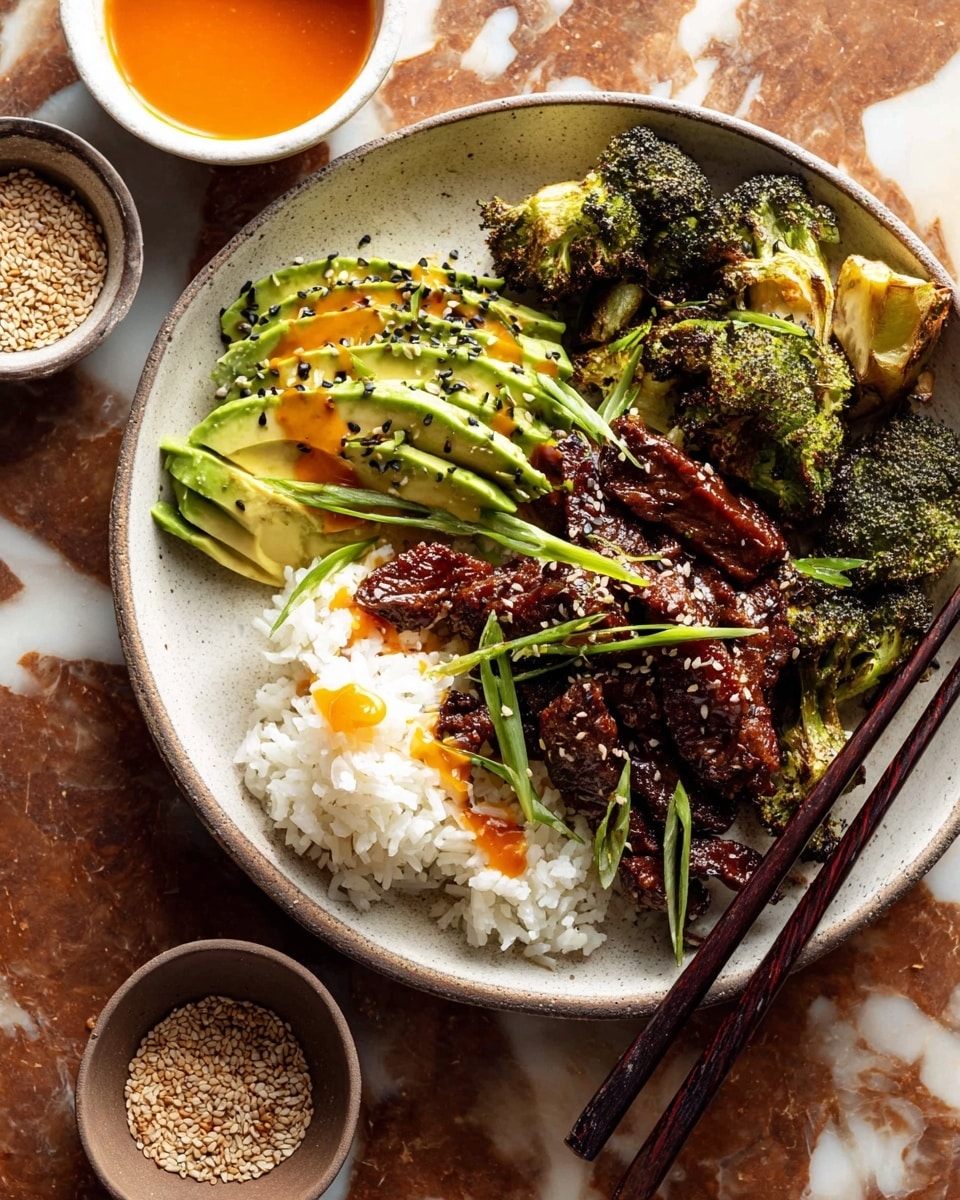 A round white plate with a bowl-shaped edge holds four main layers: at the bottom, a bed of fluffy white rice; to the right and scattered around, crispy roasted broccoli florets with slightly charred edges; at the top left, fanned slices of bright green avocado topped with black and white sesame seeds; and in the center, a heap of dark brown, glossy glazed meat strips sprinkled with sesame seeds and garnished with thin green scallion strips. The roasted broccoli also has small dabs of orange sauce. Nearby, a small white bowl containing bright orange sauce and another small container with toasted sesame seeds sit on a white marbled surface. Dark wooden chopsticks rest across the bottom edge of the plate. Photo taken with an iphone --ar 4:5 --v 7