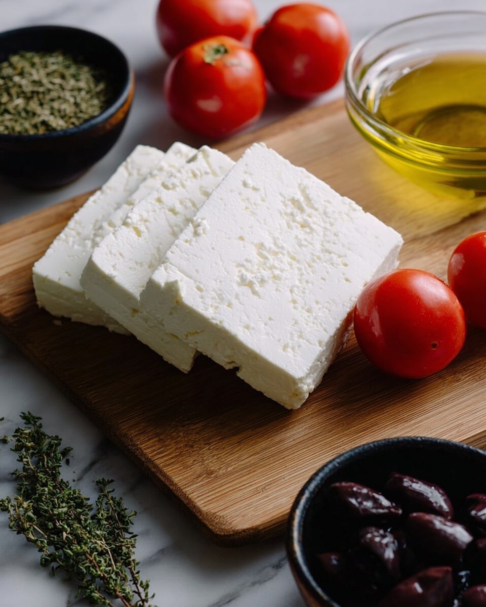The image shows three thick, white blocks of feta cheese placed on a light wooden board. Around the cheese, there are three whole red tomatoes with smooth skin. To the left, a small black bowl contains dried green herbs, while to the right, a clear glass bowl is filled with golden olive oil and another small black bowl holds several dark olives. The background is a white marbled surface. photo taken with an iphone --ar 4:5 --v 7