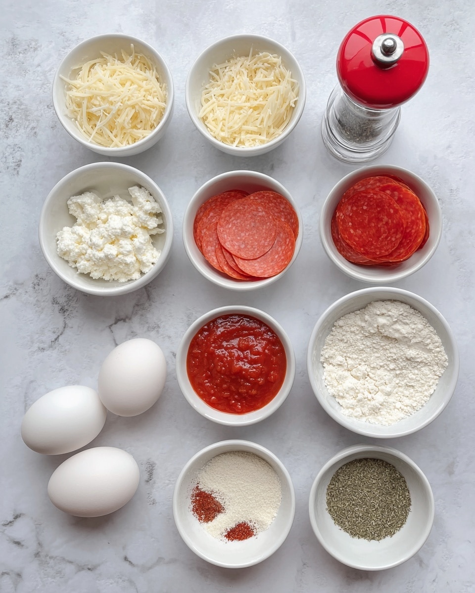 The image shows a white marbled surface with nine small white bowls arranged in a loose grid. The bowls contain different ingredients: shredded light yellow cheese, smooth bright red slices of pepperoni, fine pale yellow powder of grated cheese, chunky white cottage cheese, smooth red tomato sauce, light brown powder, green dried herbs, pale beige powder, and white all-purpose flour. Next to the bowls are two white eggs and a clear pepper grinder with a red top. The items are neatly spaced and the colors of the ingredients stand out against the white bowls and white marbled surface. Photo taken with an iphone --ar 4:5 --v 7