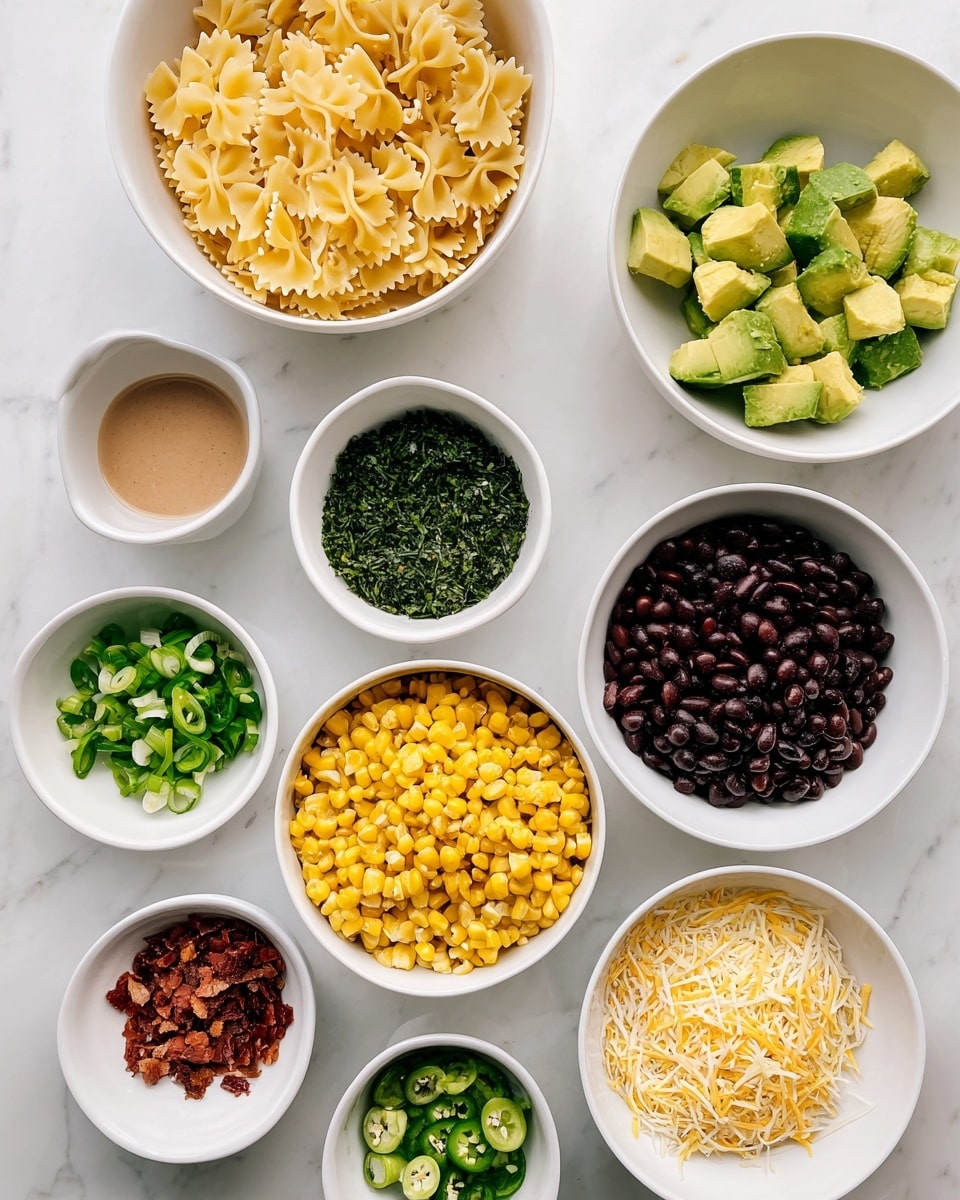 The image shows several white bowls on a white marbled surface, each filled with different ingredients. In the top left, there is a bowl filled with pale yellow farfalle pasta. To its right, a larger bowl holds chunks of light green avocado. Below the avocado, a small bowl contains a light brown sauce. Centered below the avocado, a bowl is filled with finely chopped dark green herbs. To the right of the herbs, there is a bowl with shiny black beans. Below the beans, a larger bowl is filled with yellow, grilled corn kernels. In the bottom left corner, one small bowl holds chopped green onions with light and dark green parts, while another small bowl above it has finely chopped jalapeño. Near the center bottom, a bowl contains finely crumbled reddish-brown bacon bits, and next to it, a bowl with fine, pale shredded cheese. The layout is neat, showing each ingredient clearly. Photo taken with an iphone --ar 4:5 --v 7