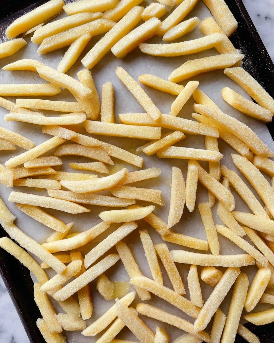 A black baking tray filled with many raw frozen French fries scattered evenly across the surface. The fries are pale yellow with a powdery frozen texture and have straight, thin shapes with slightly pointed ends. Some fries are touching each other, while others have small gaps between them. The background surface is a white marbled texture. photo taken with an iphone --ar 4:5 --v 7