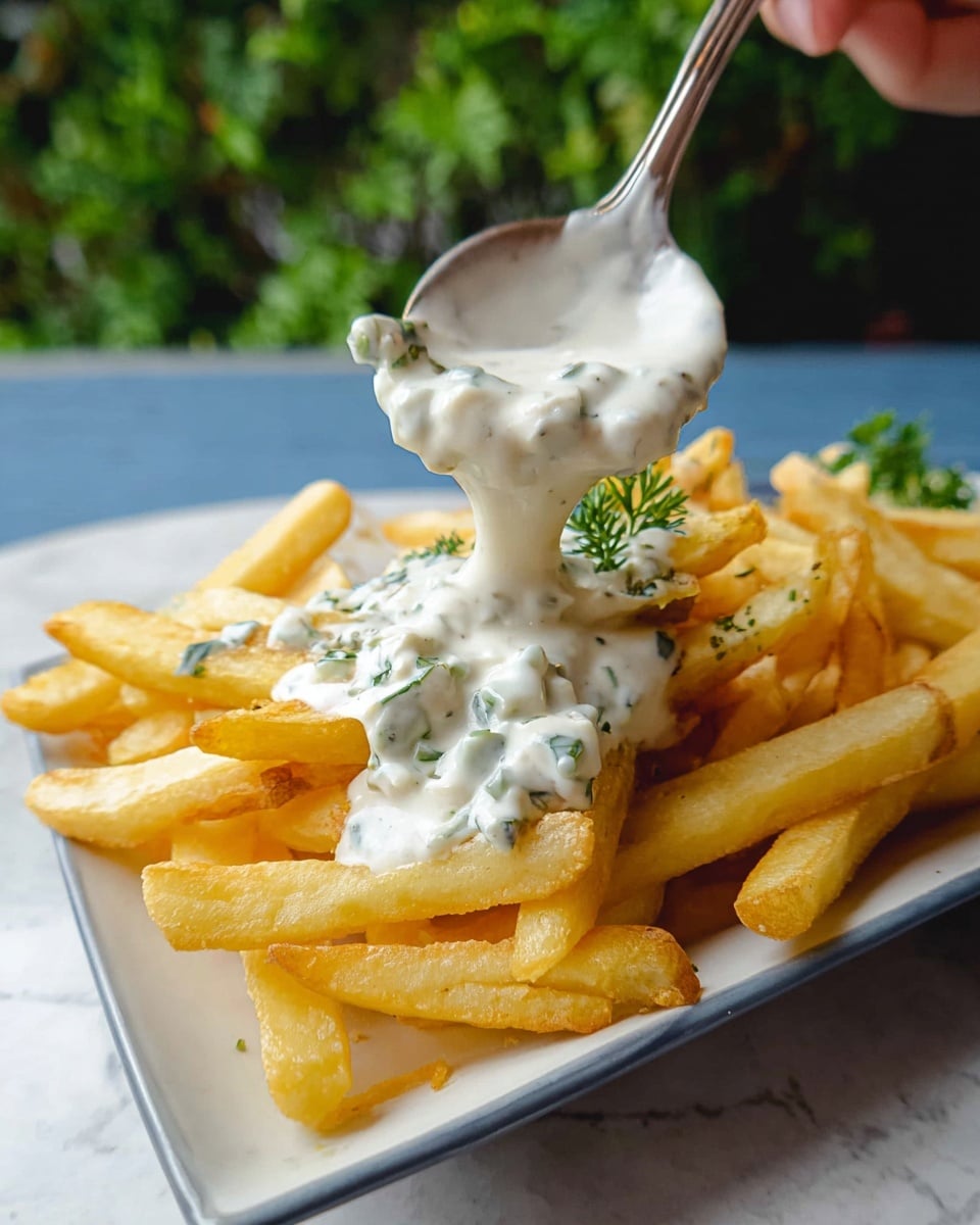 A white marbled textured surface holds a white rectangular plate filled with golden yellow French fries that appear crisp and lightly browned at the edges. On top, a creamy white sauce with small green herb flecks and chunkier bits is being poured from a spoon held by a woman's hand, creating a thick layer over the fries in the center. In the background, there is some blurred green foliage. photo taken with an iphone --ar 4:5 --v 7