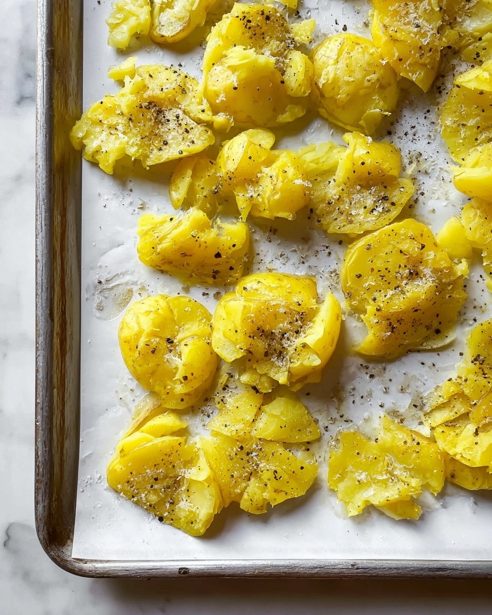 The image shows a layer of smashed yellow potatoes on a white baking tray with parchment paper. The potatoes are unevenly smashed, with some parts more crushed than others, exposing the soft, bright yellow inside and the skin visible in places. They are lightly sprinkled with coarse salt and black pepper, creating small dark and white dots scattered across the potatoes. The tray sits on a white marbled surface with some light reflections around it. The overall look is rustic and fresh, with the potatoes' slightly rough texture clearly visible. Photo taken with an iphone --ar 4:5 --v 7