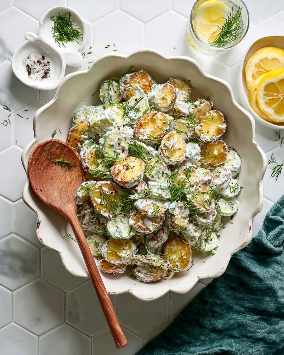 A white, scalloped bowl holds a creamy potato salad with two layers, the bottom showing golden-brown roasted potato slices and the top covered with a thick, white yogurt or cream dressing mixed with green herbs and finely chopped green onions. The salad is garnished with fresh dill leaves scattered across the top, adding a fresh green touch. A wooden spoon is placed inside the bowl on the bottom left side, ready to serve. The bowl is set on a white marbled hexagonal tile surface with small salt and pepper in a white decorative dish near the top left, a glass of water with a lemon slice on the top right, and lemon wedges on a white dish on the bottom left corner. A dark green cloth is placed on the bottom right. photo taken with an iphone --ar 4:5 --v 7
