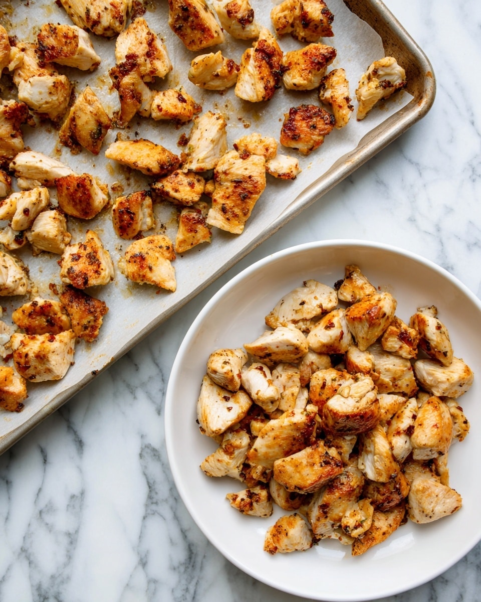 The image shows many small pieces of cooked chicken with a light brown and golden color, placed on two surfaces. On the left side, the chicken pieces are spread out on a baking sheet lined with parchment paper, showing some darker browned edges and a greasy texture. On the right side, the chicken pieces are piled loosely on a white round plate, each piece showing a slightly shiny surface with hints of darker cooked spots. The background is a white marbled texture. Photo taken with an iphone --ar 4:5 --v 7