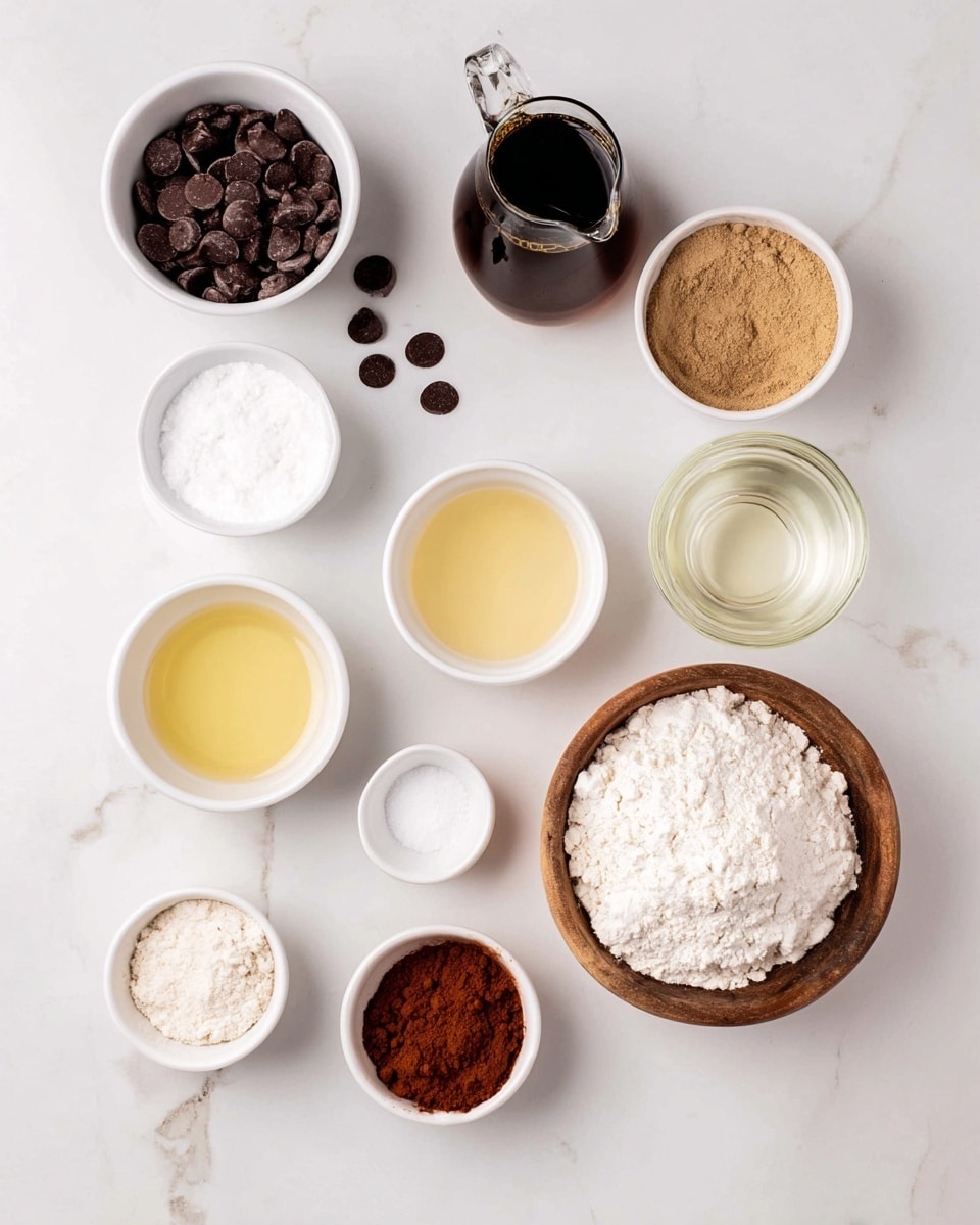 The image shows a top-down view of various small white bowls and a clear glass container arranged on a white marbled surface. There are ten containers in total: one holds dark chocolate chips with some scattered nearby, one contains a dark liquid in a clear glass jug, one has light brown powder resembling brown sugar, another has a light yellow liquid, one bowl is filled with a white powder, and another small container has a clear liquid. One small white bowl holds a white granulated substance that looks like sugar, while another contains a reddish-brown powder. The last container is a small wooden bowl filled with white flour. All containers are evenly spaced, giving a neat and clean layout. photo taken with an iphone --ar 4:5 --v 7