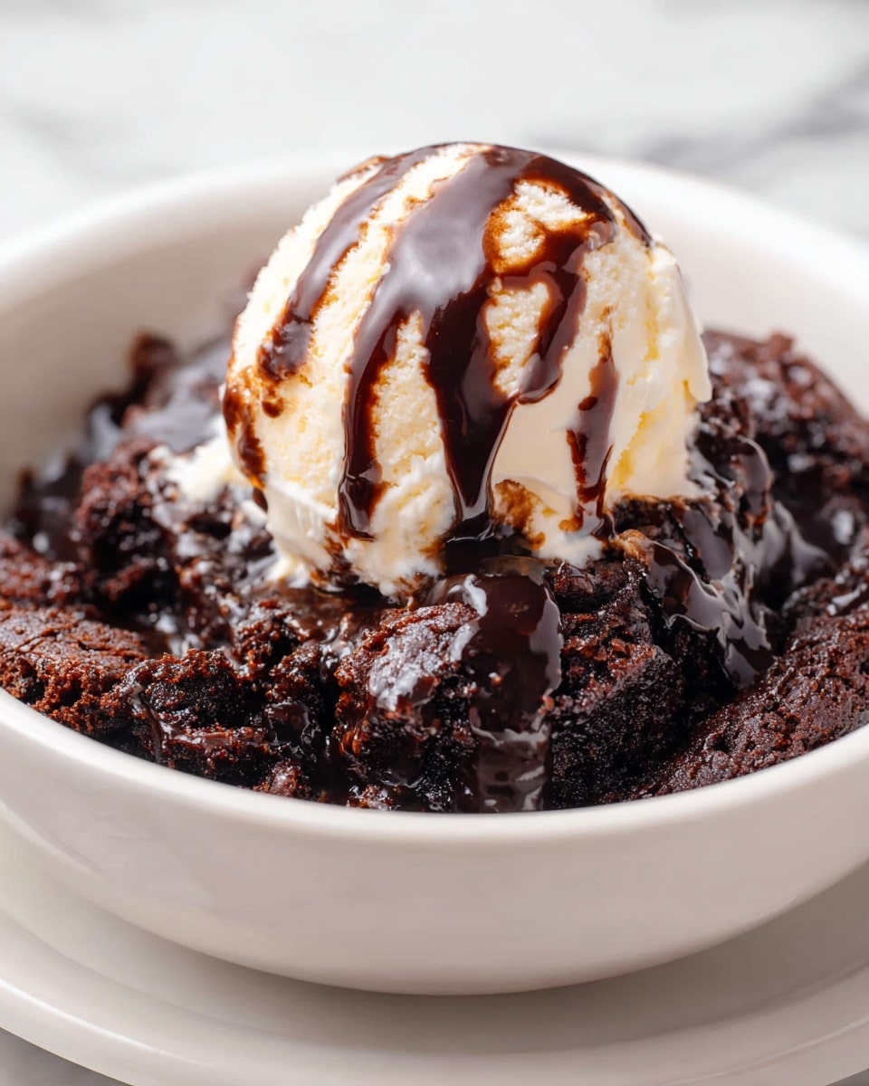 A white bowl contains a rich dark brown chocolate cake with a moist and crumbly texture as the bottom layer, topped with a soft scoop of pale yellow vanilla ice cream. The ice cream is drizzled generously with thick, glossy dark chocolate sauce. The bowl sits on a white marbled surface in soft natural light, capturing the melting ice cream blending slightly into the chocolate cake photo taken with an iphone --ar 4:5 --v 7