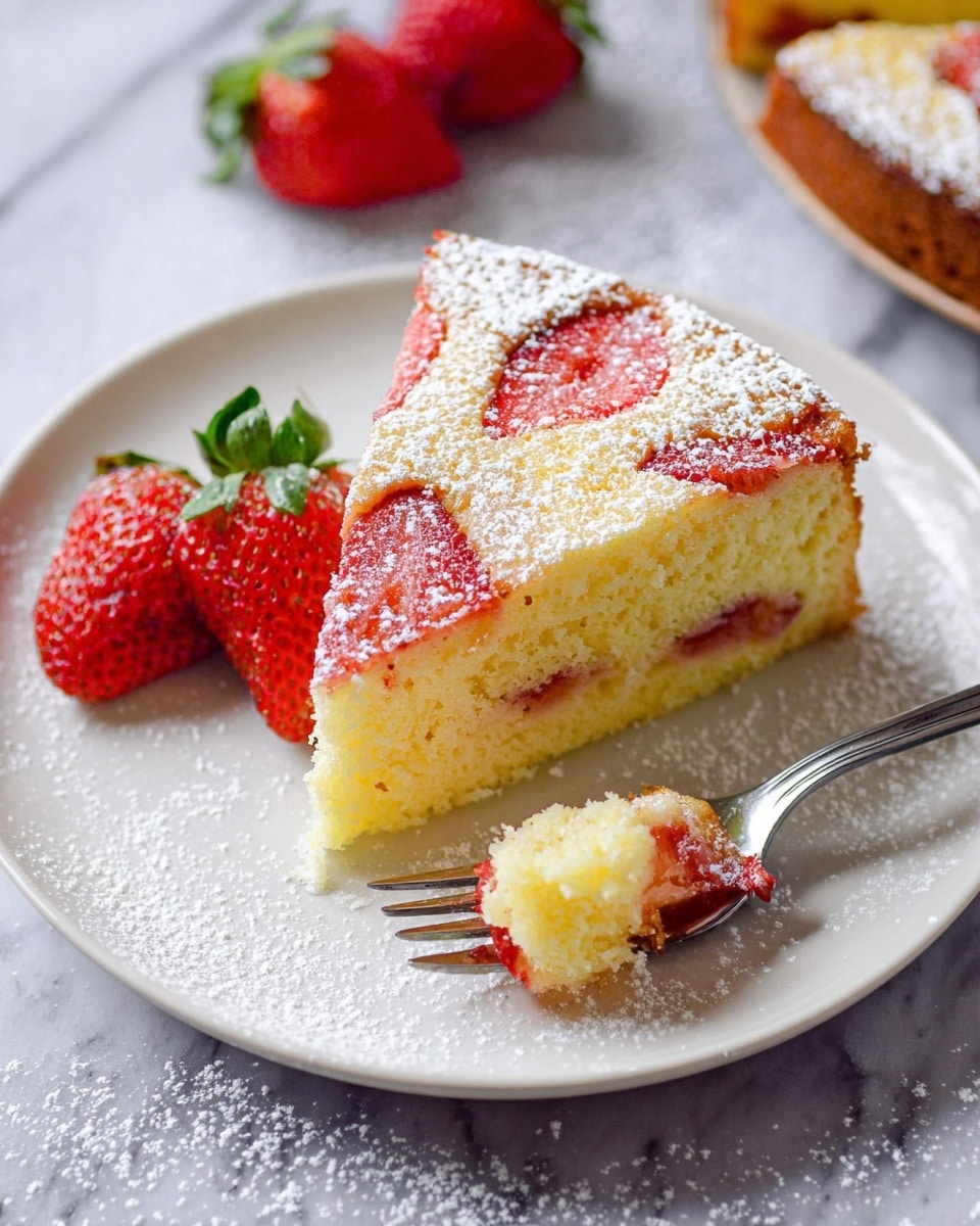 A slice of light yellow strawberry cake with three halved strawberries baked into the top layer is on a white plate, dusted lightly with powdered sugar. The cake has two visible layers: a soft, moist inner yellow layer, and a thin brown edge. Three fresh whole strawberries, bright red with green leaves, sit next to the cake on the plate. A silver fork holds a small bite of the cake with a piece of strawberry on it, resting on the edge of the plate. The plate is on a white marbled surface with a few strawberry pieces and powdered sugar. photo taken with an iphone --ar 4:5 --v 7