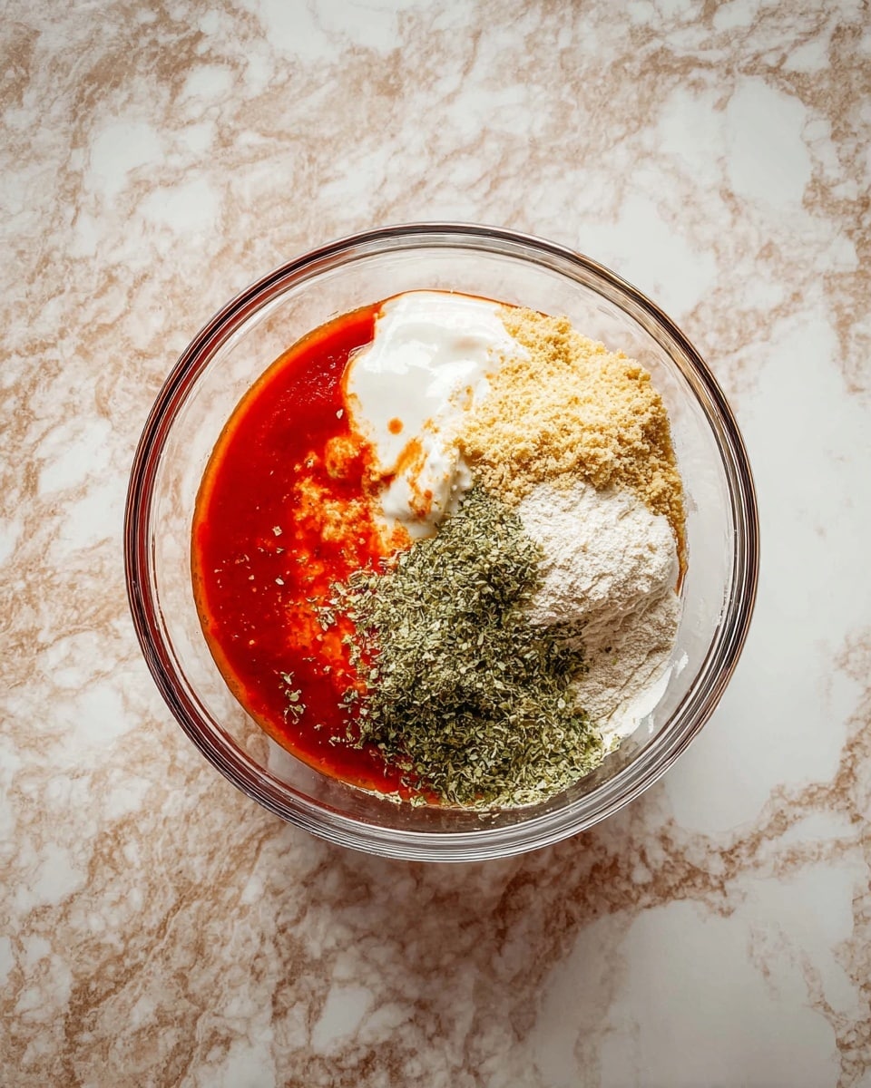 A clear glass bowl is placed on a white marbled surface, filled with five distinct layers of ingredients. The bottom left layer is a bright red sauce with a smooth texture. Next to it, toward the middle, is a dollop of white creamy sauce. On the right side of the bowl, there is a light beige powder and a layer of finely chopped green herbs. The layers sit side by side without mixing, creating a colorful and textured presentation. photo taken with an iphone --ar 4:5 --v 7