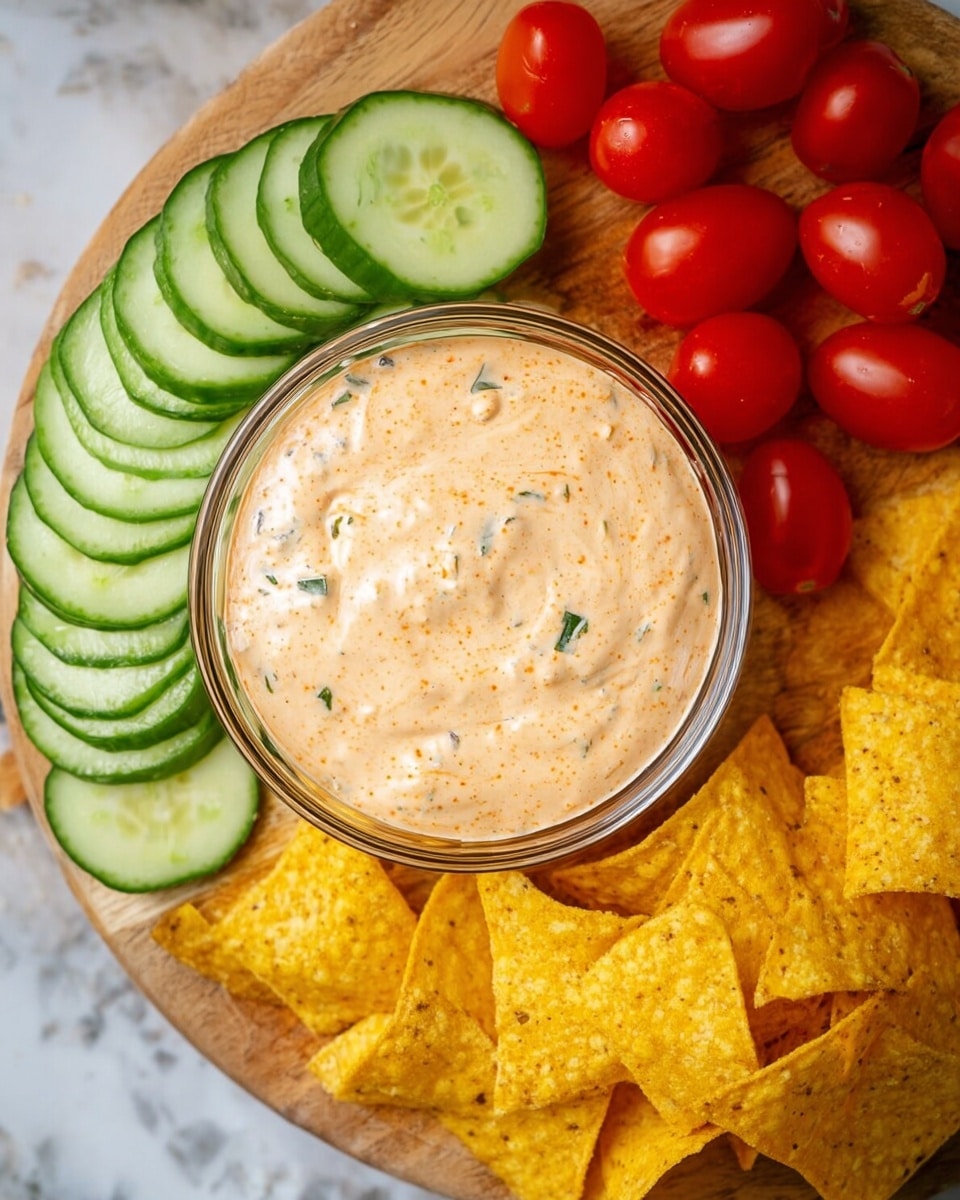 A round clear glass bowl filled with light orange creamy dip with small green herb specks sits in the center. Around the bowl, there is a layer of bright green cucumber slices with a smooth texture and visible seeds, forming a loose ring. Outside the cucumber layer, there are bright red cherry tomatoes scattered on the left side and on the top right. On the right side, there is a pile of yellow triangular tortilla chips, showing a rough and crunchy texture. All items rest on a round wooden board placed on a white marbled surface. photo taken with an iphone --ar 4:5 --v 7