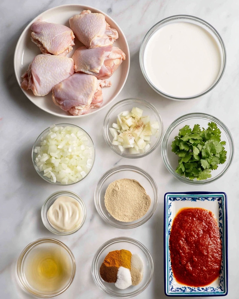 The image shows several ingredients arranged neatly on a white marbled surface. At the top left, there is a white plate with seven raw pink chicken thighs, smooth and plump. To the right, a white bowl holds a thick white liquid, and next to it, a small glass bowl contains fresh green cilantro leaves. Below the plate, a small white bowl is filled with chopped white onions, and next to it is a glass bowl with a beige powder. Beside that, a small glass bowl has a creamy white liquid. Below these, two tiny glass bowls hold minced garlic and grated ginger, light yellow in color. Another small glass bowl contains a clear, light golden oil. At the bottom right, a glass bowl with bright red tomato paste sits next to a rectangular white dish with blue edges, holding six small piles of different ground spices in brown, yellow, and red tones. The layout is clean and organized. Photo taken with an iphone --ar 4:5 --v 7