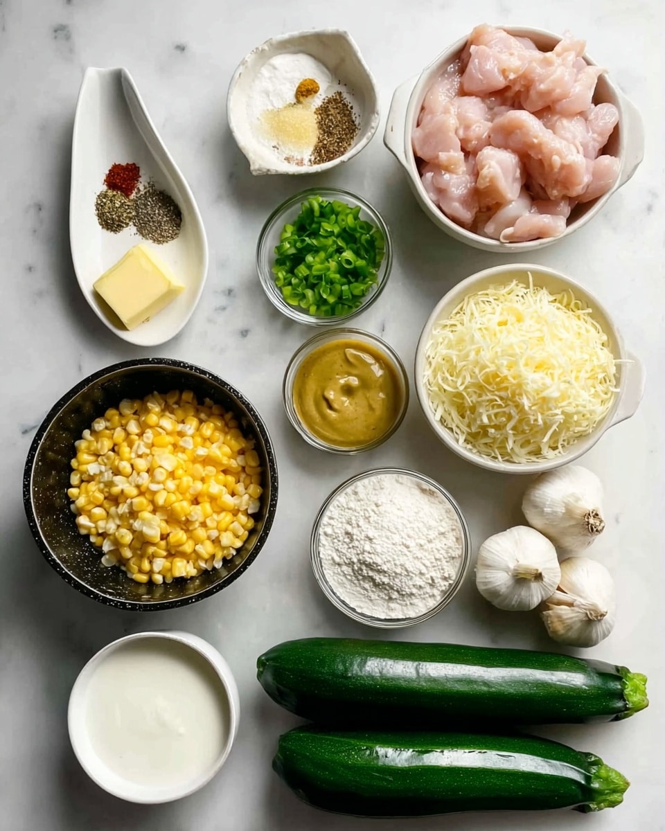 The image shows various ingredients arranged neatly on a white marbled surface, each in small white bowls or placed directly on the surface. There are two whole zucchinis, dark green and fresh, lying side by side at the bottom right. Above them are three garlic cloves with pale, papery skin. To their left, a small pile of mixed spices including salt, black pepper, and paprika sits on a white ceramic spoon-shaped dish. Next to this is a small bowl of bright green chopped scallions. At the top right is a bowl filled with raw, pink chicken pieces. Nearby is a bowl of shredded pale yellow cheese. Below the cheese is a small glass cup with a thick, smooth mustard sauce and to the left of that, a small pat of yellow butter sits in another glass container. A bowl of white flour is positioned near the chicken, and next to it is a smaller bowl holding a light, fine powder. At the bottom center is a bowl of creamy white yogurt. A black and white bowl filled with corn cut into small sections completes the spread on the left side. Photo taken with an iphone --ar 4:5 --v 7