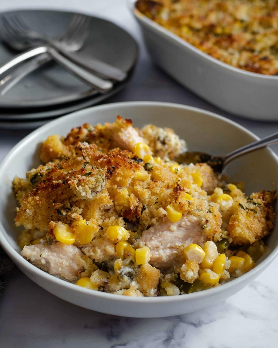 The image shows a close-up of a baked casserole served in a white bowl on a white marbled surface. The casserole has visible layers, starting with chunky yellow corn kernels scattered throughout the dish, combined with pieces of light beige chicken and small green vegetable bits. The top layer is golden brown and crispy, with breadcrumbs or cheese that has browned under heat, giving it a rough crunchy texture. There is a spoon resting inside the bowl, ready to serve. In the background, there is another white bowl with more casserole, slightly out of focus, and a gray plate with cutlery on the white marbled surface. Photo taken with an iphone --ar 4:5 --v 7