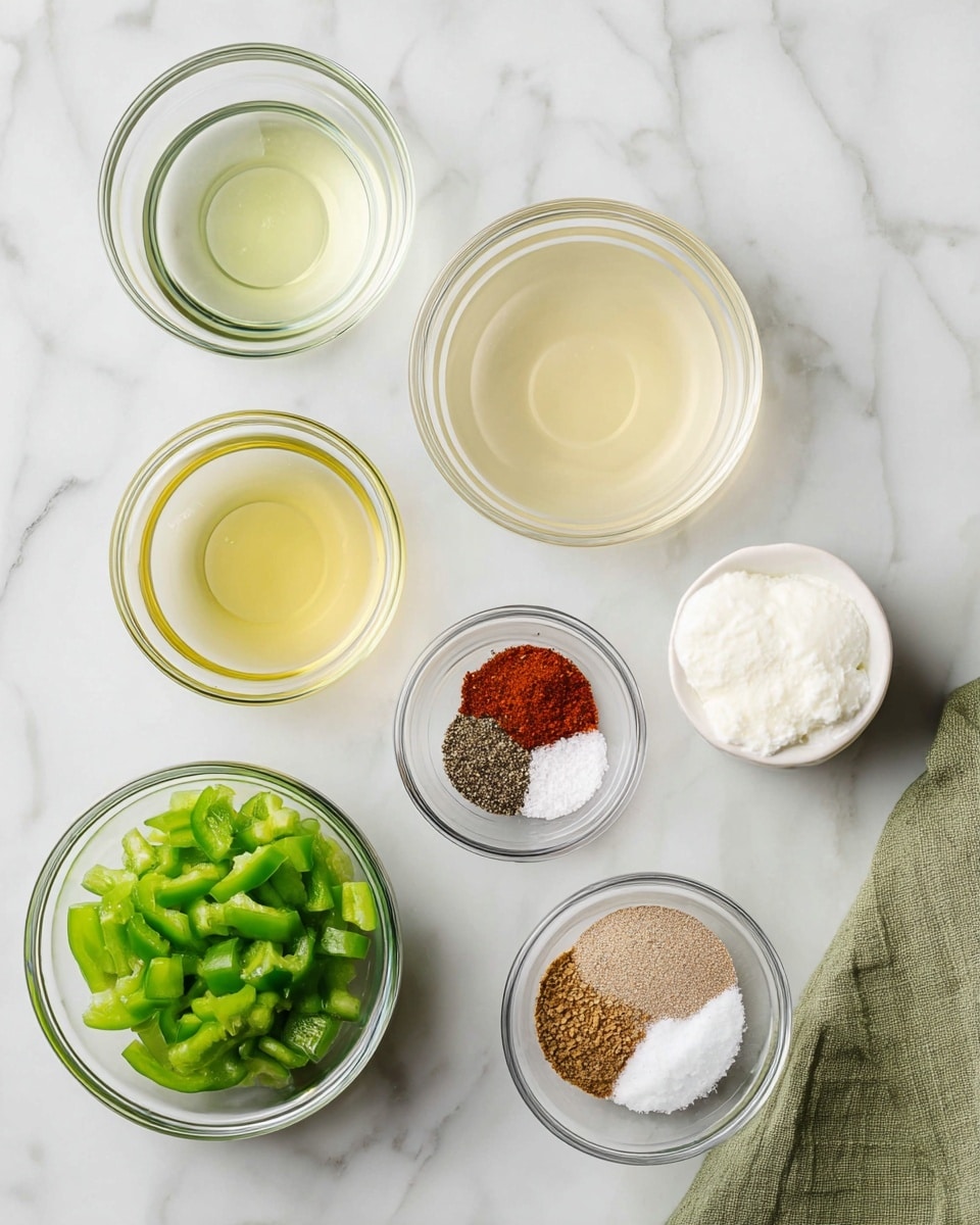 There are six small clear glass bowls on a white marbled surface. The top-center bowl has a pale yellow liquid, the bowl to the left holds a clear light green oil, and the bowl below the top-center one contains a light translucent yellow liquid. At the bottom-left is a bowl filled with chopped green peppers. To the right of that is a bowl divided into four sections of dry spices: white salt, black pepper, red paprika, and light brown cumin. At the top-right is a small bowl with a white solid, possibly garlic paste or butter. A folded green cloth napkin is at the bottom-right corner of the image. Photo taken with an iphone --ar 4:5 --v 7