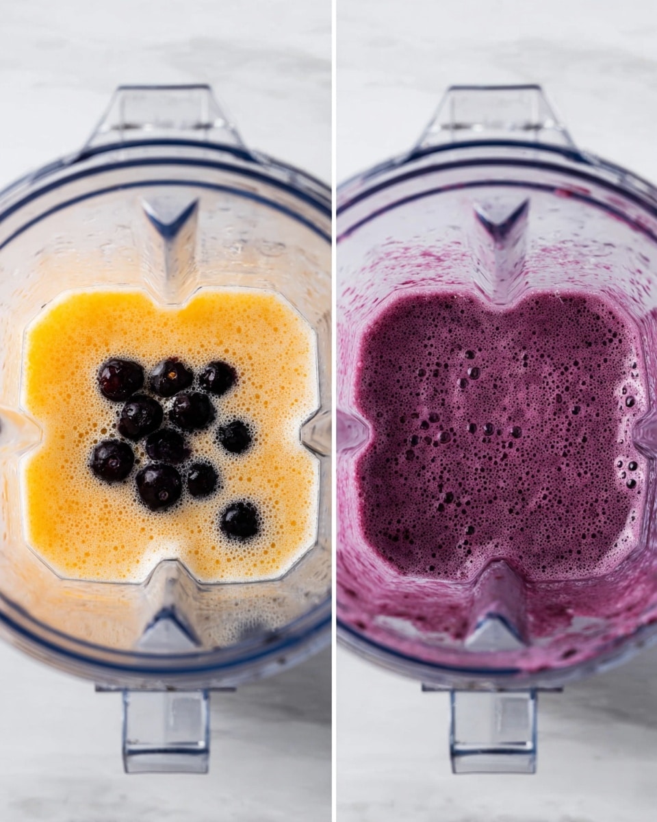The image shows two close-up views inside a clear blender on a white marbled surface. On the left side, there is a layer of small dark purple blueberries with an uneven layer of light yellowish orange liquid underneath them at the blender’s bottom. On the right side, the blender is filled with a mixed thick purple liquid that covers the entire base and has bubbles on the surface inside the clear blender. photo taken with an iphone --ar 4:5 --v 7
